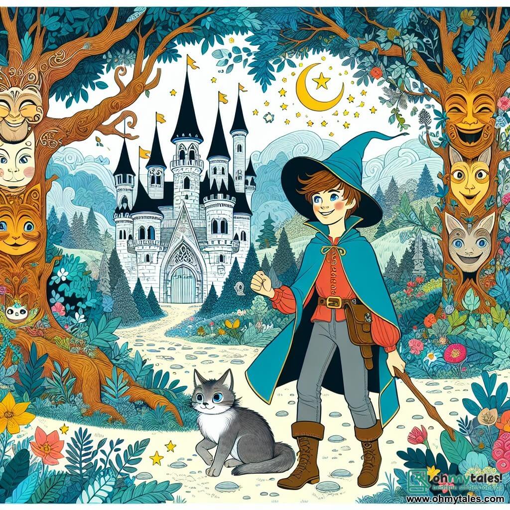 Une illustration destinée aux enfants représentant un jeune apprenti sorcier, plongé dans une aventure ensorcelante, accompagné de son fidèle chat, explorant une forêt enchantée avec des arbres aux visages souriants et des fleurs aux couleurs vives, dans le magnifique royaume d'Enchantia.