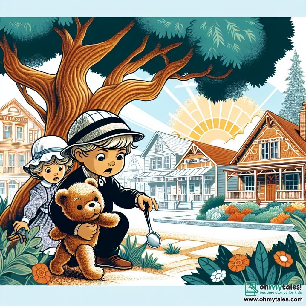 Une illustration destinée aux enfants représentant une petite fille déterminée à résoudre le mystère de la disparition de son précieux ours en peluche, aidée par son petit frère curieux, dans la charmante ville ensoleillée de Sunnyvale, avec ses maisons colorées et son grand chêne majestueux.