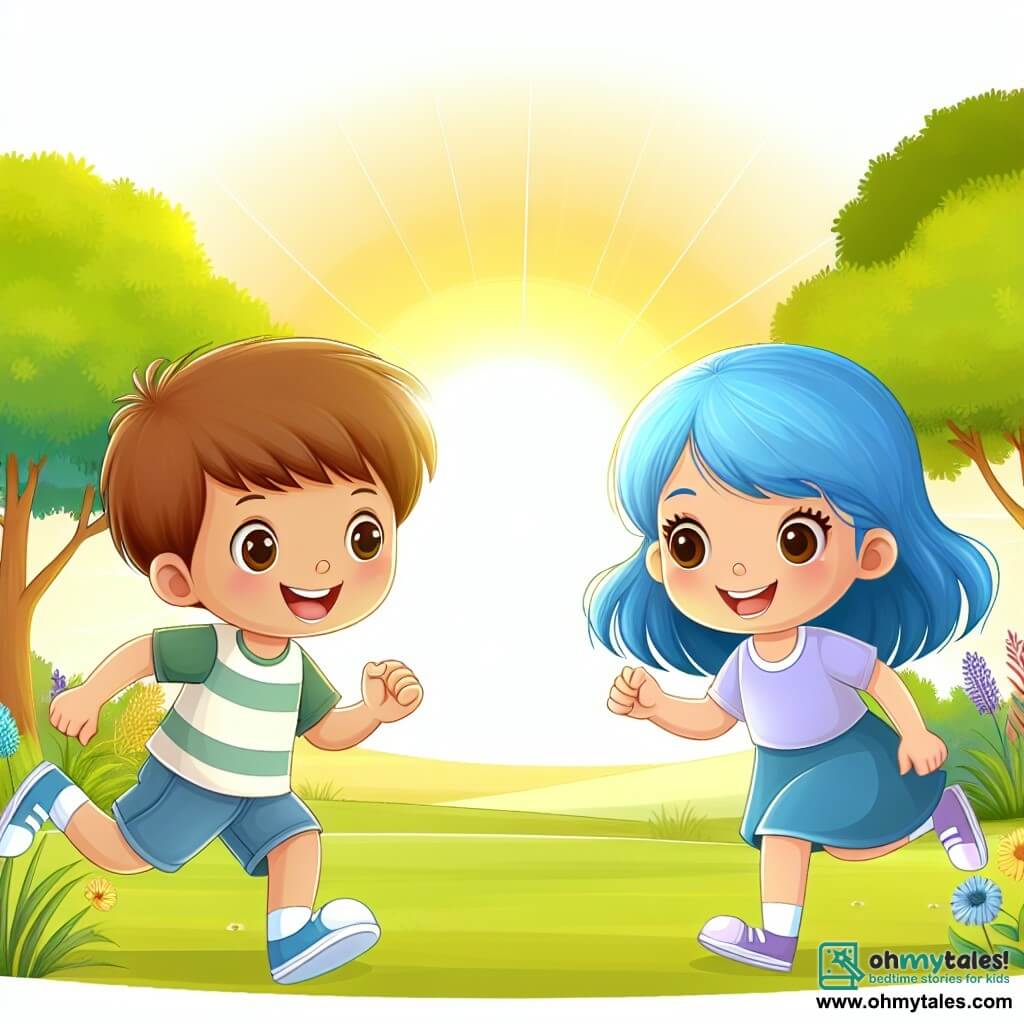 Une illustration destinée aux enfants représentant un garçon curieux, une fille avec des cheveux bleus, jouant joyeusement dans un parc ensoleillé.