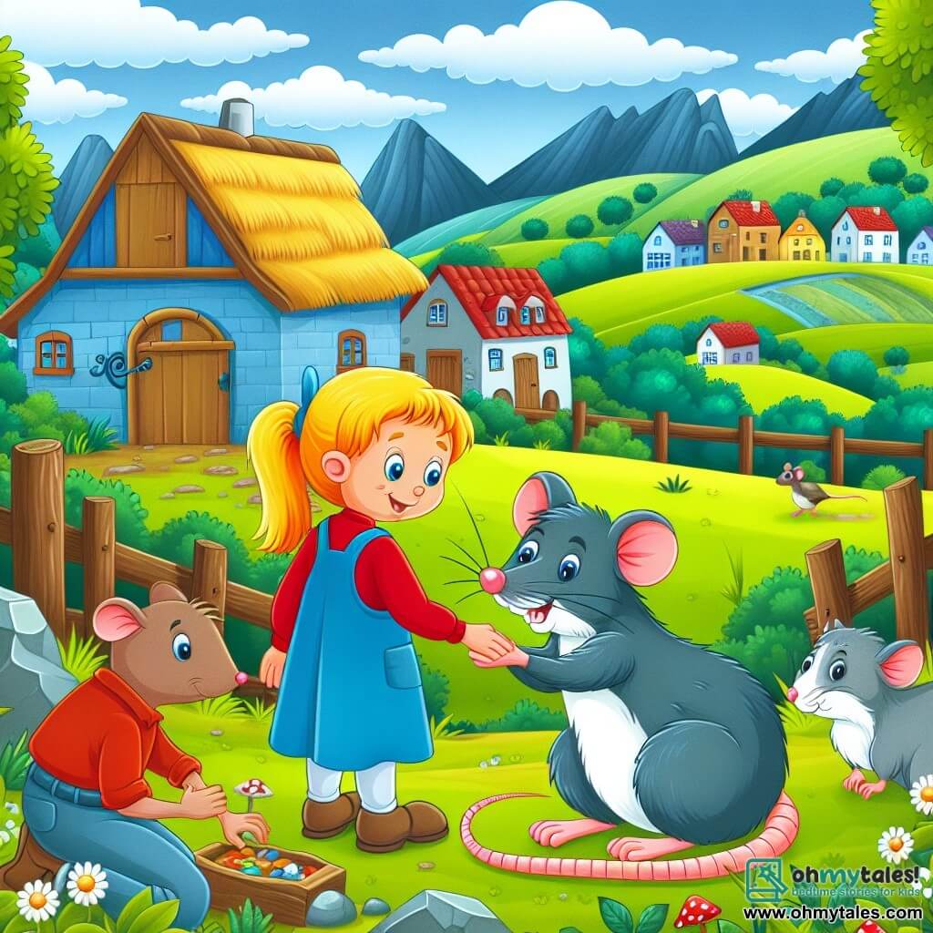 Une illustration destinée aux enfants représentant un malin rat mâle, aidé par une jeune fille, résolvant un problème dans un village pittoresque entouré de collines verdoyantes.