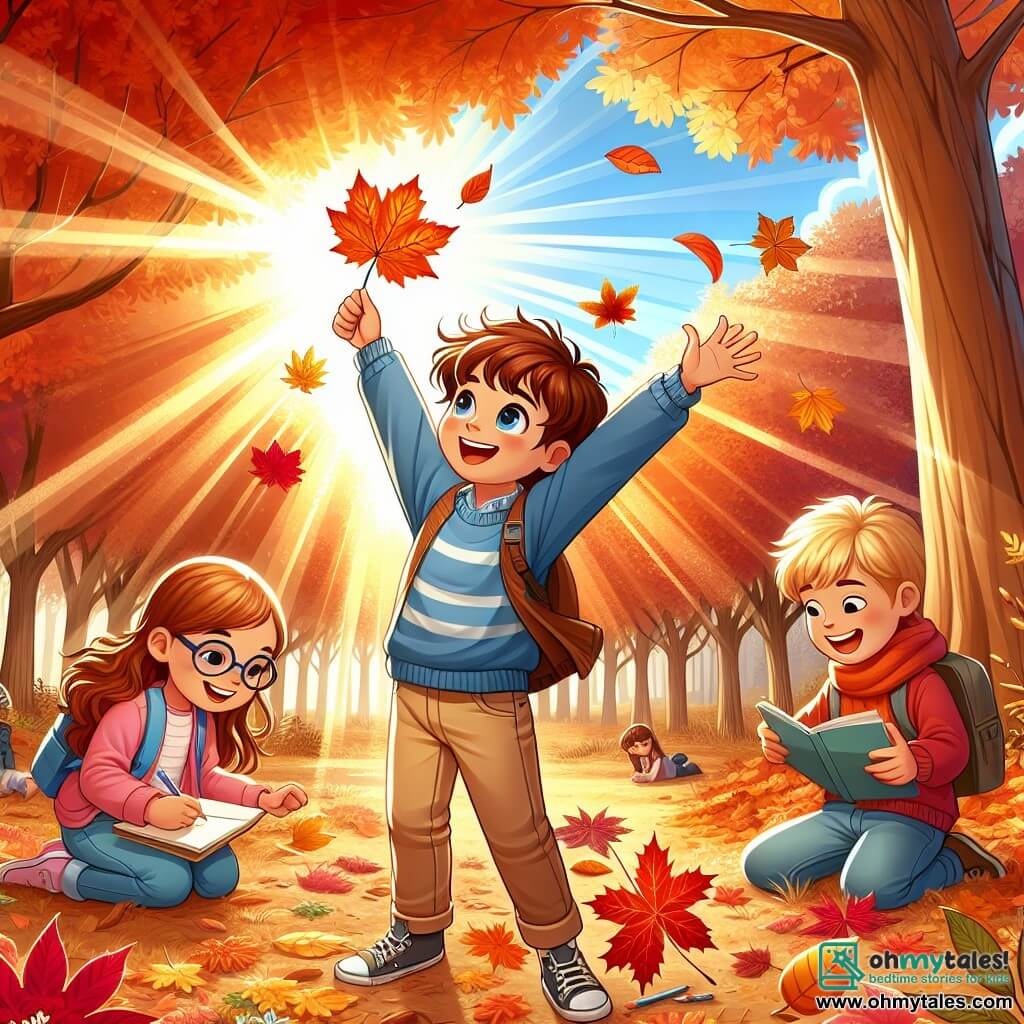 An illustration depicting a park in autumn, with majestic trees adorned with vibrant orange, red, and gold leaves scattered over a ground covered in a crunchy leaf carpet. In the center of the image, an 11-year-old boy with curly brown hair, wearing a blue sweater and beige pants, is crouched down, amazed, picking up a bright red leaf. Next to him are two friends: a 10-year-old girl with brown hair and glasses, dressed in a pink jacket, holding a notebook and drawing leaves, and an 11-year-old boy with blonde hair and a beaming smile, raising his arms in the air, holding a golden leaf as if he has just made an incredible discovery. The scene exudes a joyful and adventurous atmosphere, with sunlight filtering through the branches, illuminating the children's faces and creating a sense of magic and camaraderie.