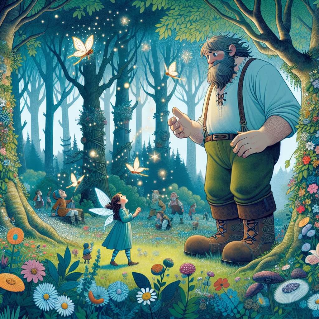 Une illustration destinée aux enfants représentant un géant curieux et intrépide qui rencontre des fées enchantées dans une forêt luxuriante, où les arbres sont si grands qu'ils touchent le ciel et les fleurs brillent comme des étoiles.