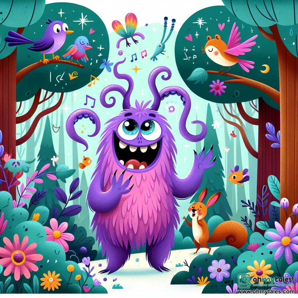 Une illustration destinée aux enfants représentant un monstre rigolote à la fourrure violette, avec des yeux étincelants et des tentacules au lieu de bras, qui explore une forêt enchantée remplie de fleurs colorées, d'oiseaux chanteurs et de joyeux écureuils, à la recherche de ses baies préférées qui ont mystérieusement disparu.