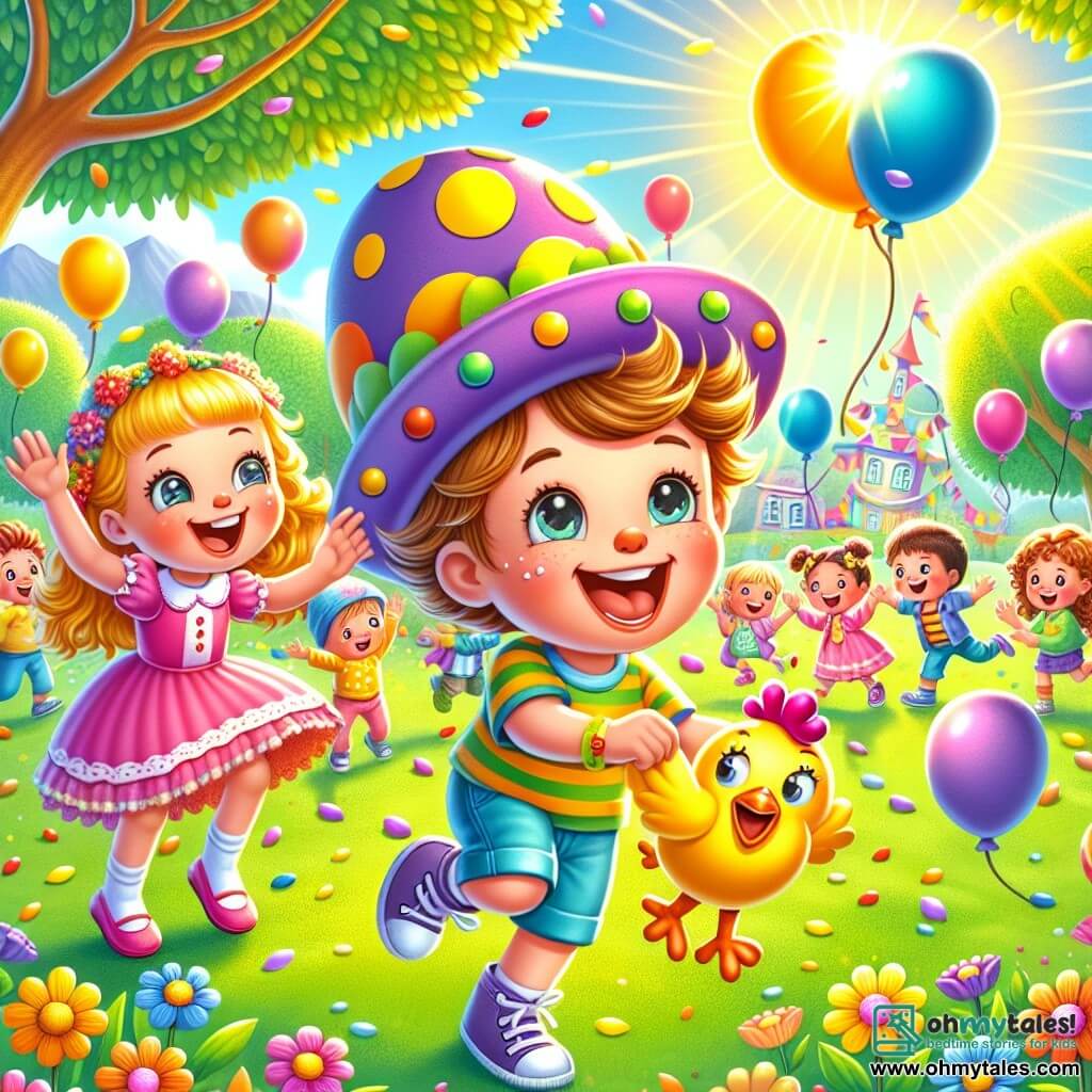 Illustration destinée aux enfants représentant un parc coloré de Giggleville, baigné par la lumière dorée du soleil, avec des arbres aux feuilles éclatantes et des fleurs multicolores qui dansent dans la brise. Au centre, un garçon de 5 ans, aux cheveux bruns en bataille et aux yeux pétillants de malice, porte un grand chapeau violet à pois jaunes et tient un squeaky toy en forme de poulet, riant aux éclats. À ses côtés, une fille aux cheveux blonds tressés, vêtue d'une robe rose, applaudit joyeusement, entourée d'autres enfants qui dansent et s'amusent. La scène capture un moment de pure joie alors qu'ils participent à une course loufoque, avec des ballons colorés flottant autour d'eux, créant une atmosphère de fête et de rires.