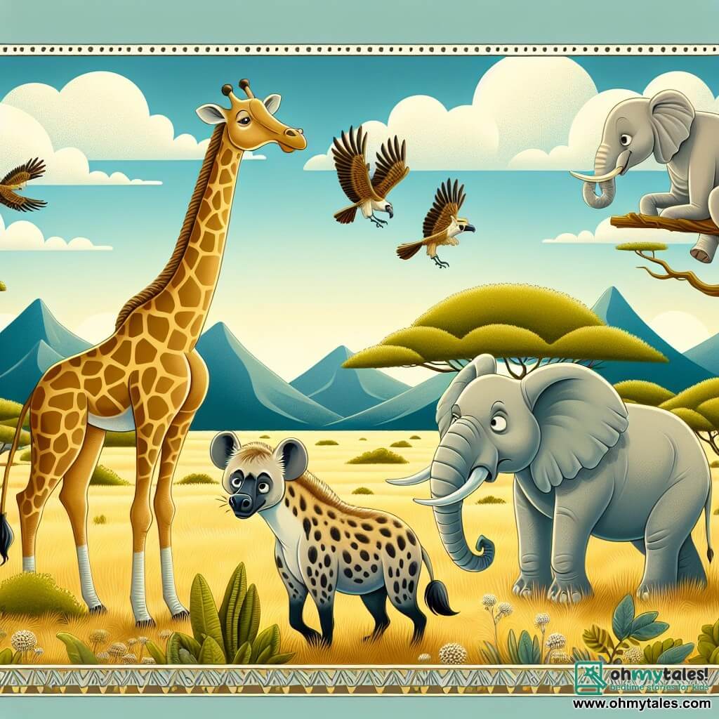 Une illustration destinée aux enfants représentant une élégante et gracieuse girafe, une hyène jalouse, un éléphant sage et le magnifique paysage de la savane africaine.