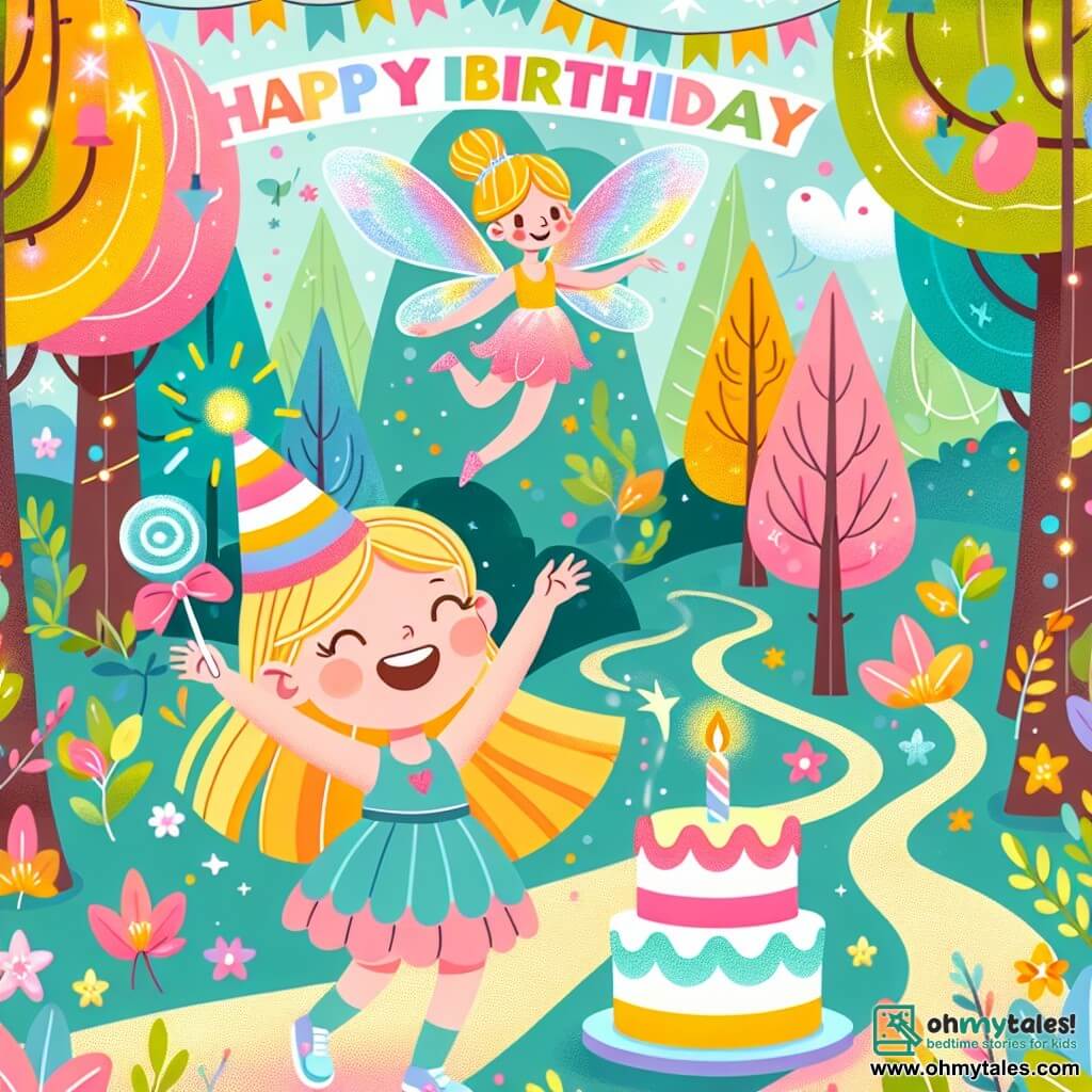 Une illustration destinée aux enfants représentant une fillette joyeuse fêtant son anniversaire avec ses amis dans une forêt enchantée aux arbres multicolores et aux chemins sinueux, accompagnée d'une fée étincelante nommée Twinkle.