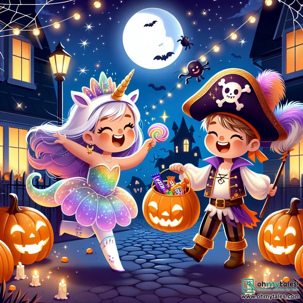 Une illustration sous forme de dessin destinée aux enfants représentant une scène magique d'Halloween dans un quartier décoré de citrouilles illuminées et de toiles d'araignée, où une fille de 7 ans, vêtue d'un costume de licorne scintillant avec une corne brillante et une queue colorée, danse joyeusement en tenant un seau en forme de citrouille rempli de bonbons, tandis qu'à ses côtés, un garçon de 7 ans déguisé en pirate avec un chapeau à plumes et un sabre en plastique rit en montrant un grand chocolat, le tout sous un ciel étoilé et une lune brillante, capturant l'excitation et l'amitié d'une chasse aux friandises dans une maison hantée.