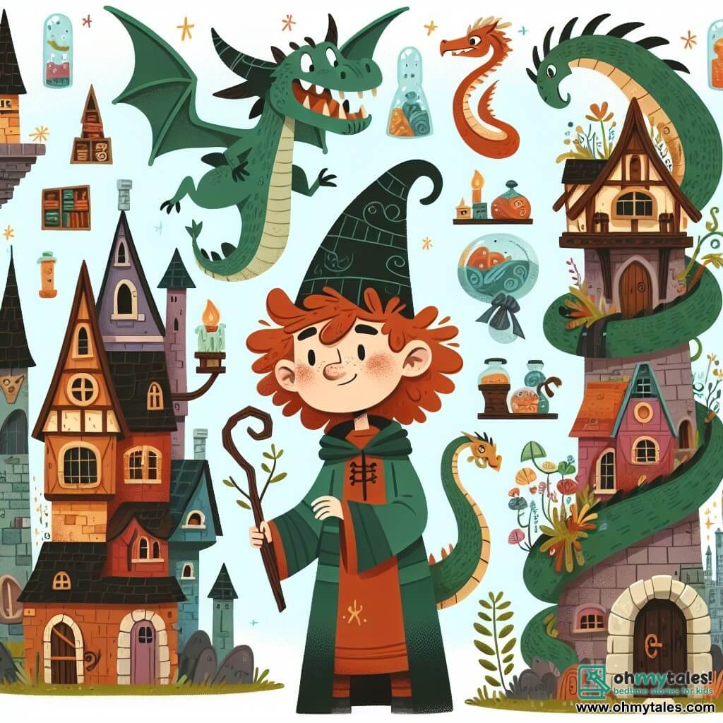 Une illustration destinée aux enfants représentant un jeune apprenti sorcier aux cheveux roux, une tour tordue remplie d'objets magiques, un dragon espiègle et farineux, et un village de Whimsywood aux maisons colorées et aux jardins enchantés.