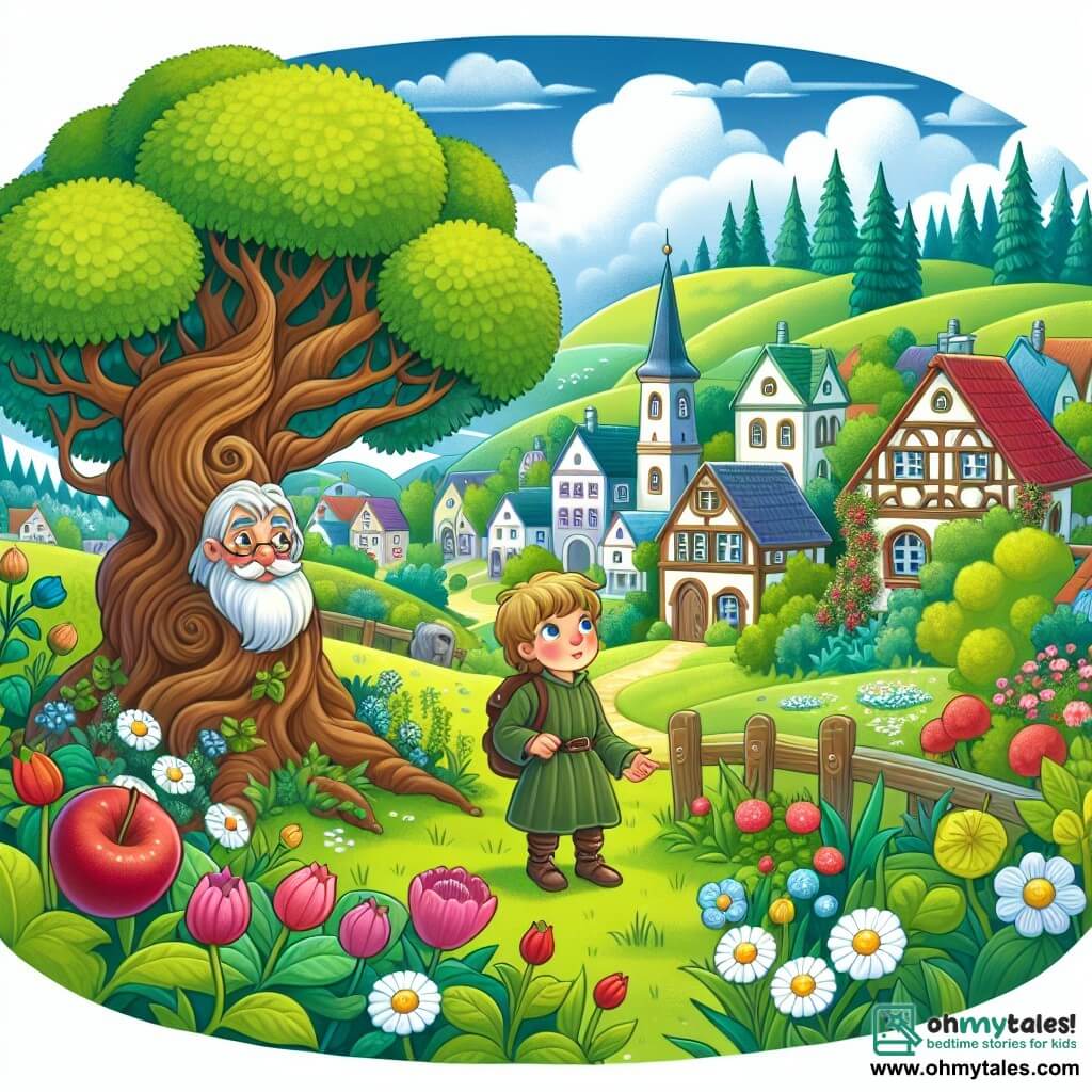 Une illustration destinée aux enfants représentant un garçon curieux, découvrant un jardin enchanté aux couleurs vives, accompagné d'un arbre sage, dans un petit village entouré de collines verdoyantes et de fleurs en fleurs.