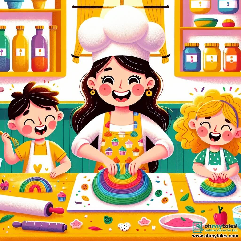 Une illustration sous forme de dessin destinée aux enfants représentant une cuisine lumineuse et colorée, avec des murs peints en jaune et des étagères remplies de pots d'épices et de livres de recettes, où une femme joyeuse portant un grand chapeau de chef et un tablier à motifs de cupcakes pétrit de la pâte colorée, entourée de deux enfants : un garçon aux cheveux bruns et aux yeux pétillants qui roule la pâte avec enthousiasme, et une fille aux cheveux blonds et bouclés qui coupe des légumes en forme d'étoiles, tous trois plongés dans la création de leur rainbow pasta, avec des éclats de rire et des éclaboussures de farine dans l'air.