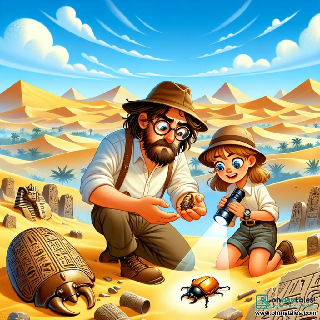 Une illustration sous forme de dessin destinée aux enfants représentant un vaste désert égyptien aux dunes dorées sous un ciel bleu éclatant, avec un homme aux cheveux bruns en désordre et des lunettes, portant un chapeau d'explorateur, qui s'agenouille pour examiner un ancien amulet en forme de scarabée, tandis qu'une jeune femme aux cheveux châtains et aux yeux pétillants, vêtue d'une chemise légère et d'un short, tient une lampe de poche et observe avec émerveillement, le tout entouré de vestiges archéologiques, comme des pots brisés et des hiéroglyphes gravés dans la pierre, symbolisant leur quête pour découvrir les secrets d'un ancien pharaon.