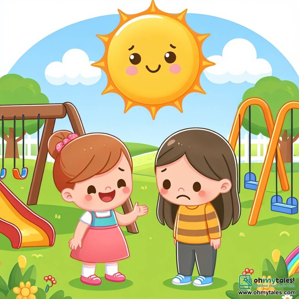 Une illustration destinée aux enfants représentant une jeune fille souriante, accompagnée d'une nouvelle amie triste, dans un parc ensoleillé rempli de balançoires colorées, de toboggans et de champs verdoyants.
