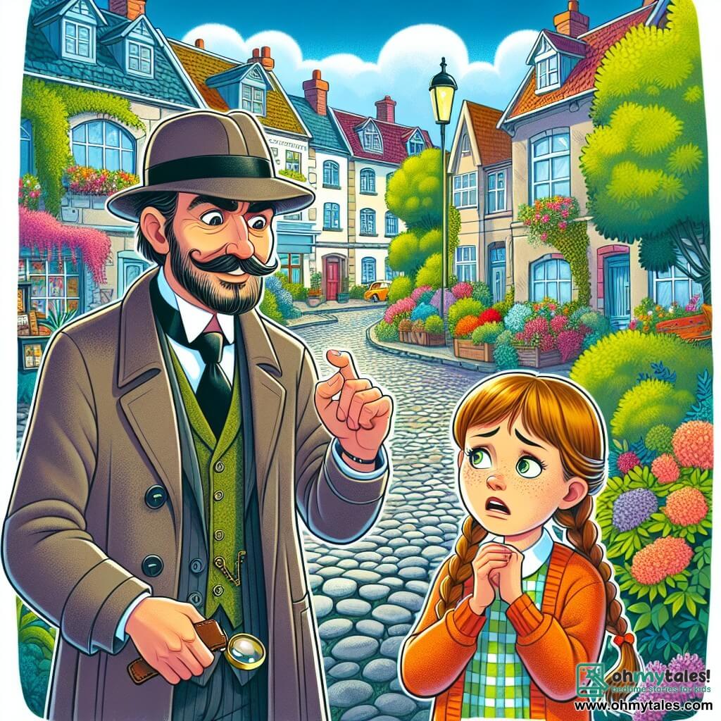 Une illustration destinée aux enfants représentant un détective rusé et charmant résolvant un mystère avec l'aide d'une jeune fille inquiète, dans la pittoresque ville de Willowbrook, aux rues pavées bordées de maisons colorées et de jardins fleuris.