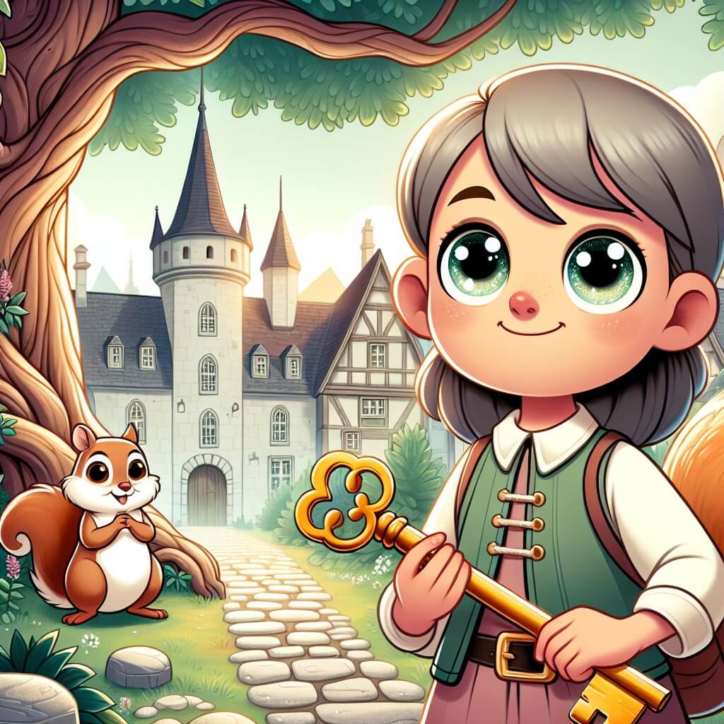 Une illustration destinée aux enfants représentant une jeune fille aux yeux pétillants, curieuse et avide d'aventure, se trouvant devant une mystérieuse clé brillante, accompagnée d'un sage écureuil nommé Oliver, dans un village pittoresque entouré d'une nature luxuriante, avec une vieille chêne majestueux et un chemin pavé de pierres.