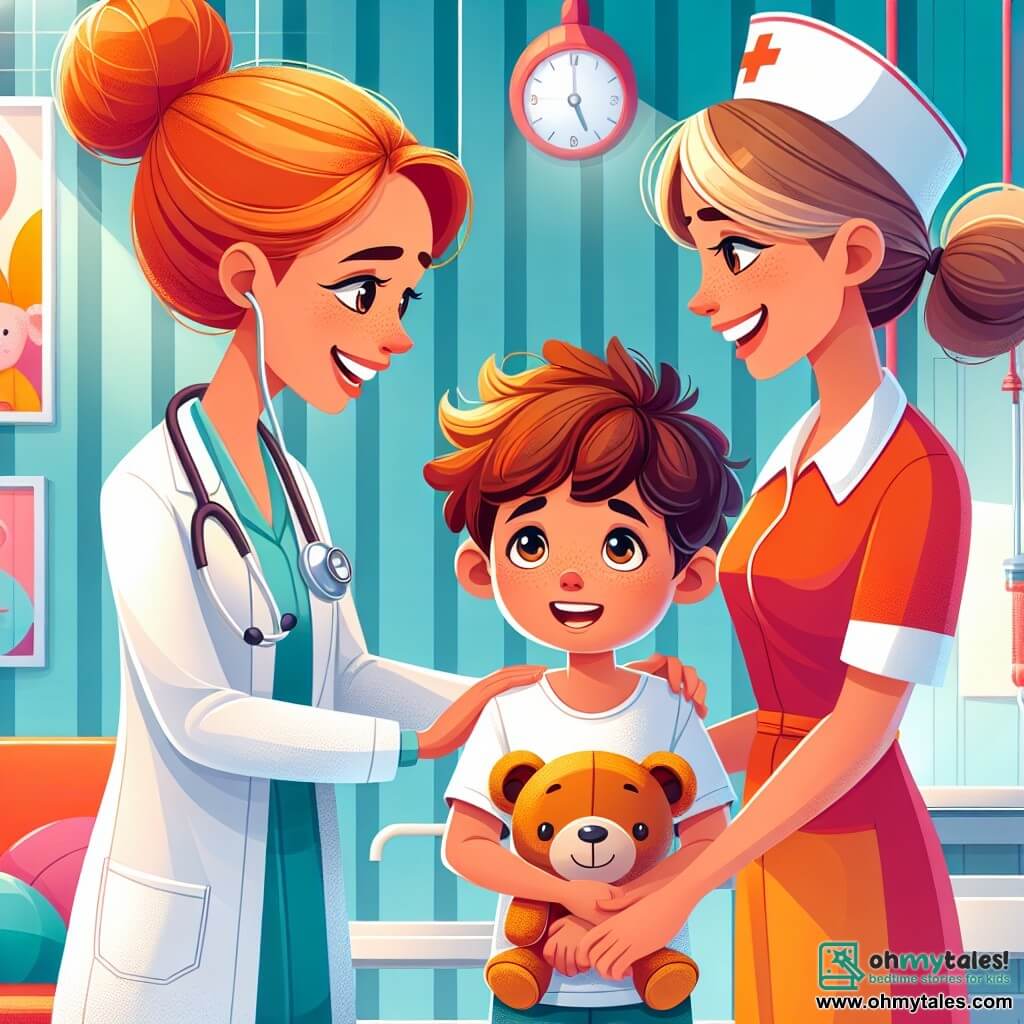 Une illustration sous forme de dessin destinée aux enfants représentant l'intérieur chaleureux et coloré d'un hôpital pédiatrique, avec une femme médecin aux cheveux roux attachés en chignon, souriante et vêtue d'une blouse blanche, en train d'examiner un jeune garçon aux cheveux bruns et bouclés, qui tient un ours en peluche et regarde la médecin avec curiosité, tandis qu'une infirmière joyeuse aux cheveux blonds et portant un uniforme coloré se tient à côté d'eux, prête à les soutenir dans cette aventure médicale, le tout évoquant un moment de réassurance et de découverte dans un environnement amical et accueillant.