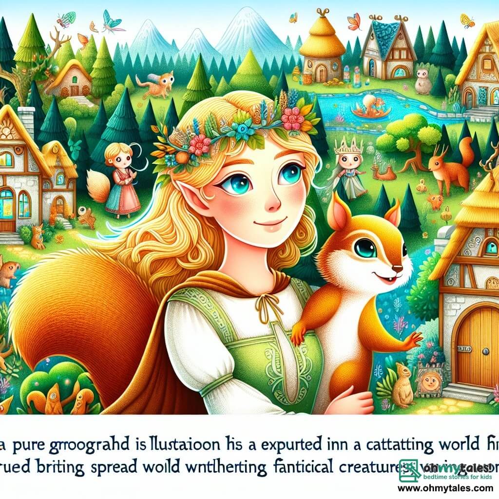 Une illustration destinée aux enfants représentant une jeune femme aux cheveux dorés, qui vit dans un village enchanteur au cœur d'une forêt magique, accompagnée d'un écureuil parlant nommé Nutty, et découvrant un vaste monde rempli de créatures fantastiques et de merveilles colorées.