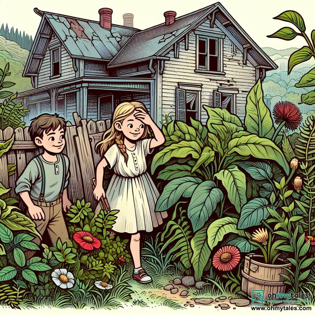 Une illustration destinée aux enfants représentant une jeune fille curieuse, accompagnée de son malicieux ami, explorant un mystérieux jardin envahi par des herbes sauvages, près d'une vieille maison abandonnée aux volets craquelés, dans la charmante petite ville de Meadowville.