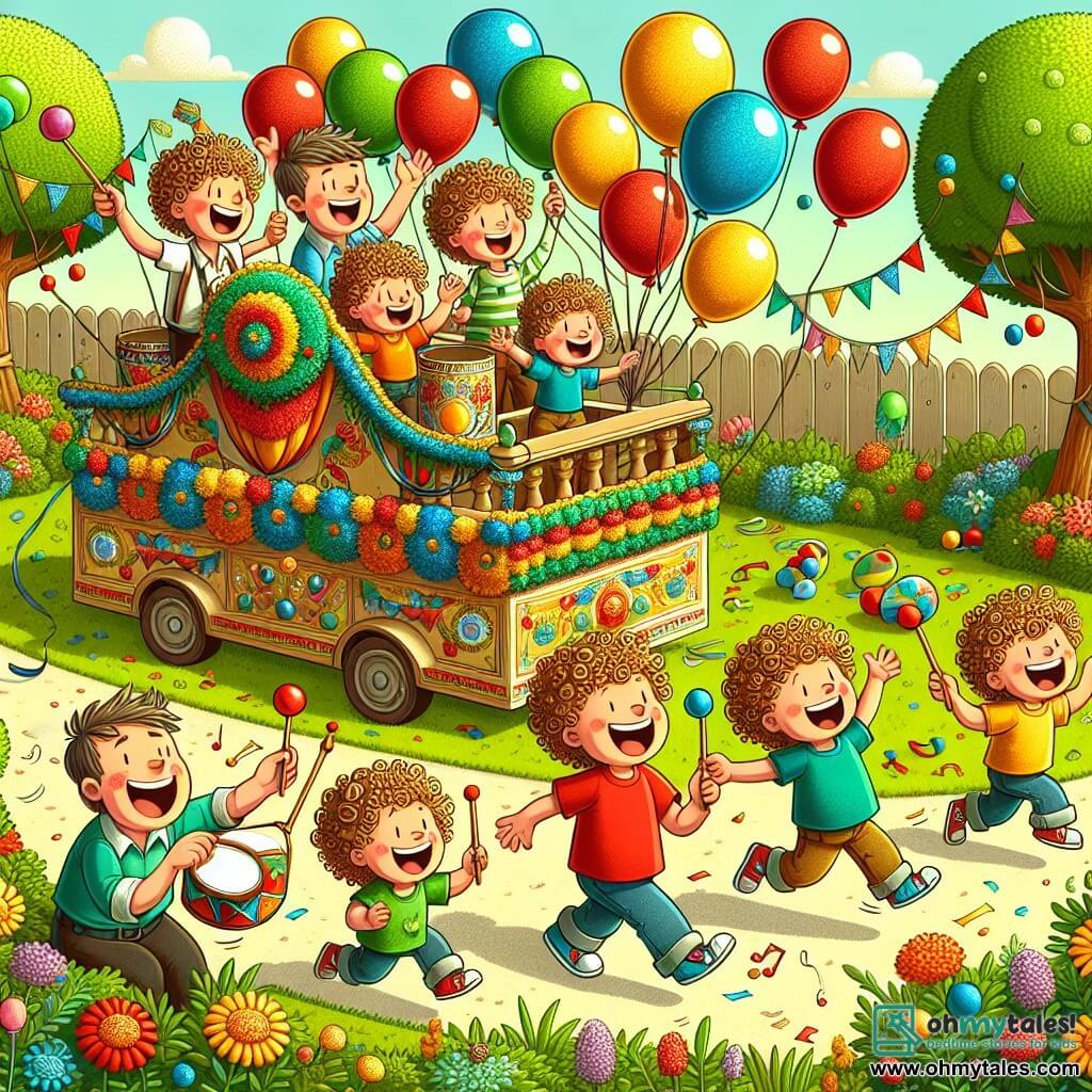 An illustration depicting a joyful Father's Day scene in a sunny garden filled with colorful flowers, lush green trees, and floating balloons, creating a festive atmosphere. In the center, three four-year-old boys with curly hair, wearing a red, blue, and green t-shirt, are marching in rhythm around a large decorated cardboard float. One boy holds a colorful balloon, another enthusiastically pushes the float, while the third plays a small drum, smiling broadly. The dads, two middle-aged men, sit on garden chairs, laughing and clapping, their faces beaming with pride and love. Paper garlands and cardboard hearts decorate the garden, adding a festive touch to this beautiful family celebration.