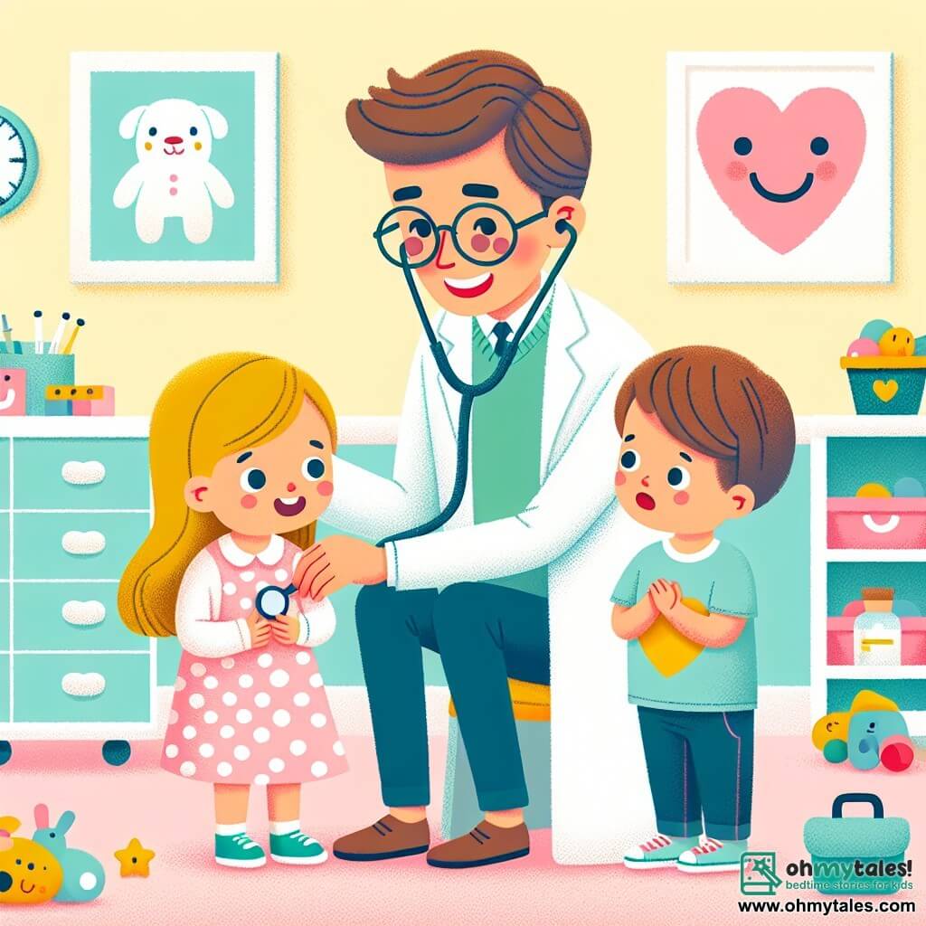 The illustration depicts a bright and welcoming medical office with pastel yellow walls adorned with drawings of smiling animals. In the center, a man in a white coat, with brown hair and round glasses, kneels in front of a little girl. He has a warm smile and holds a stethoscope, listening to the girl's belly. The girl, about six years old, has long blonde hair and wears a pink polka-dot dress. She looks at the man with curious eyes, laughing at the funny noises from her belly. Next to them, a boy around seven years old, with brown hair and a blue t-shirt, enters the room looking worried, holding his head with one hand. The scene captures a moment of comfort and care, as the man gently reassures the children, creating an atmosphere of trust and warmth. Colorful toys are scattered on the floor, and a poster of a smiling heart hangs on the wall, adding a cheerful touch to the illustration.