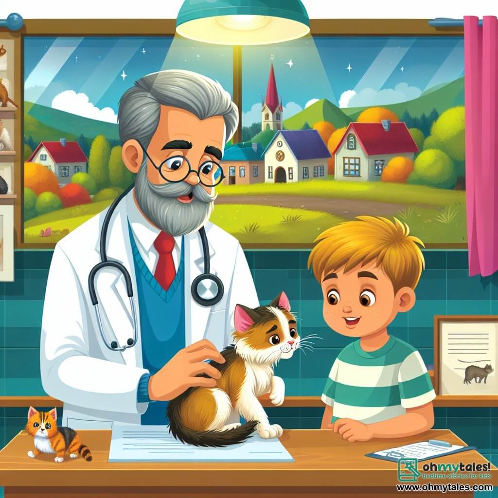Une illustration destinée aux enfants représentant un vétérinaire bienveillant examinant un chaton blessé, accompagné d'un jeune garçon curieux, dans une clinique animale chaleureuse et colorée, située au cœur d'une petite ville verdoyante.