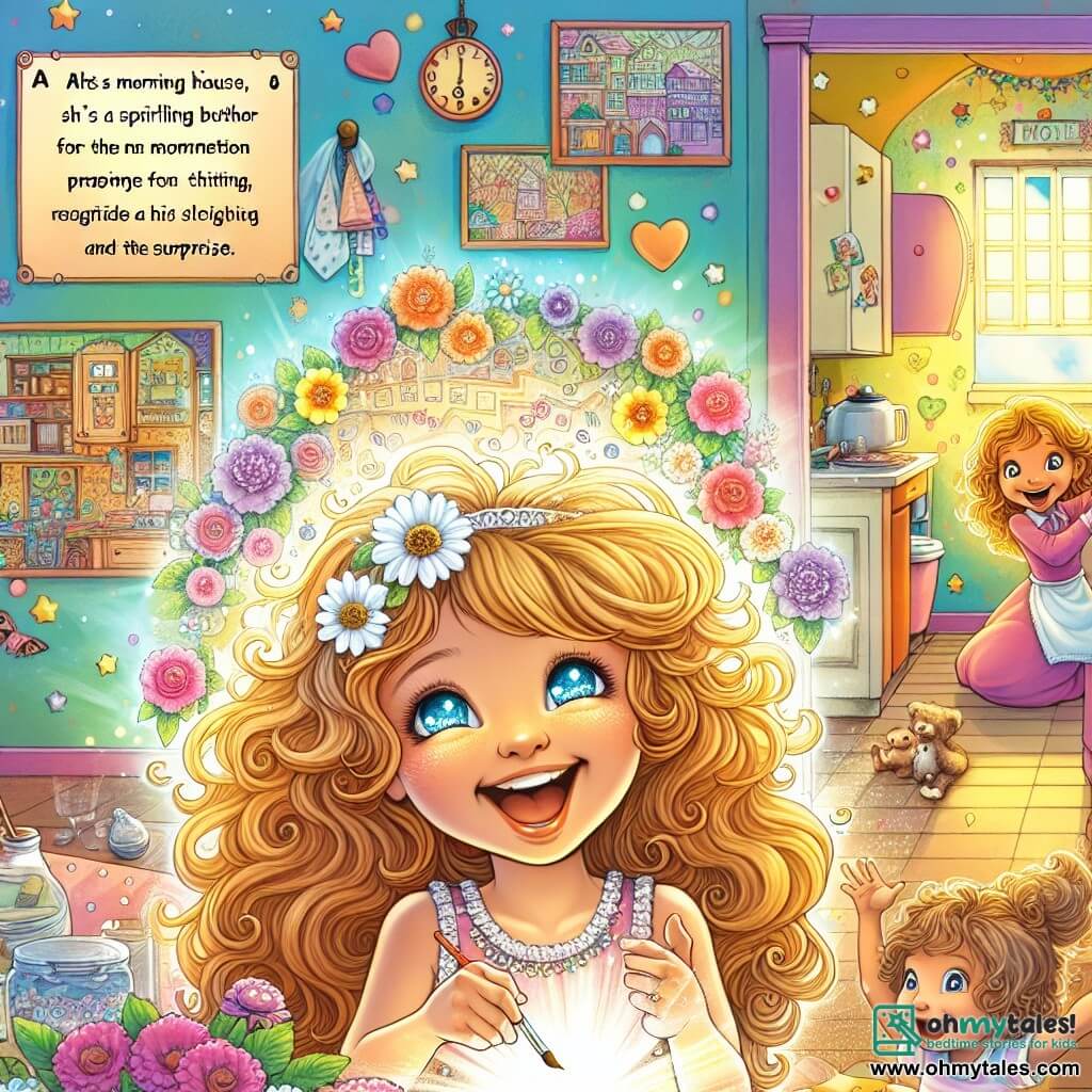 Une illustration destinée aux enfants représentant une fille pétillante aux cheveux bouclés et aux yeux brillants, pleine d'imagination et de joie, qui, dans la douce lumière du matin d'une maison colorée de Sunnyvale, se prépare avec enthousiasme à célébrer la fête des mères en concoctant une surprise spéciale pour sa maman, une femme au sourire chaleureux et à l'esprit joyeux, tout en étant entourée de son amie espiègle, une fille pleine de créativité, dans une cuisine où les rayons du soleil dansent sur les murs ornés de dessins d'enfants et où l'odeur délicieuse de cookies fraîchement cuits embaume l'air, créant une atmosphère magique et pleine d'amour.