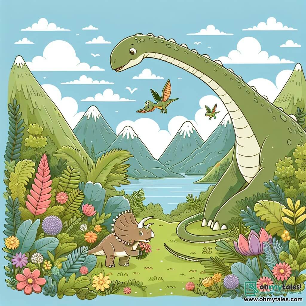 Une illustration destinée aux enfants représentant un majestueux dinosaure à long cou, se retrouvant dans une situation périlleuse, accompagné d'un adorable triceratops, dans une vallée cachée, entourée de montagnes verdoyantes et parsemée de fleurs colorées.