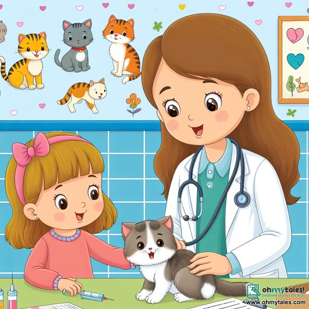 Une illustration destinée aux enfants représentant une jeune vétérinaire femme prenant soin d'un chaton malade avec l'aide d'une petite fille curieuse, dans une clinique colorée décorée de dessins d'animaux joyeux.