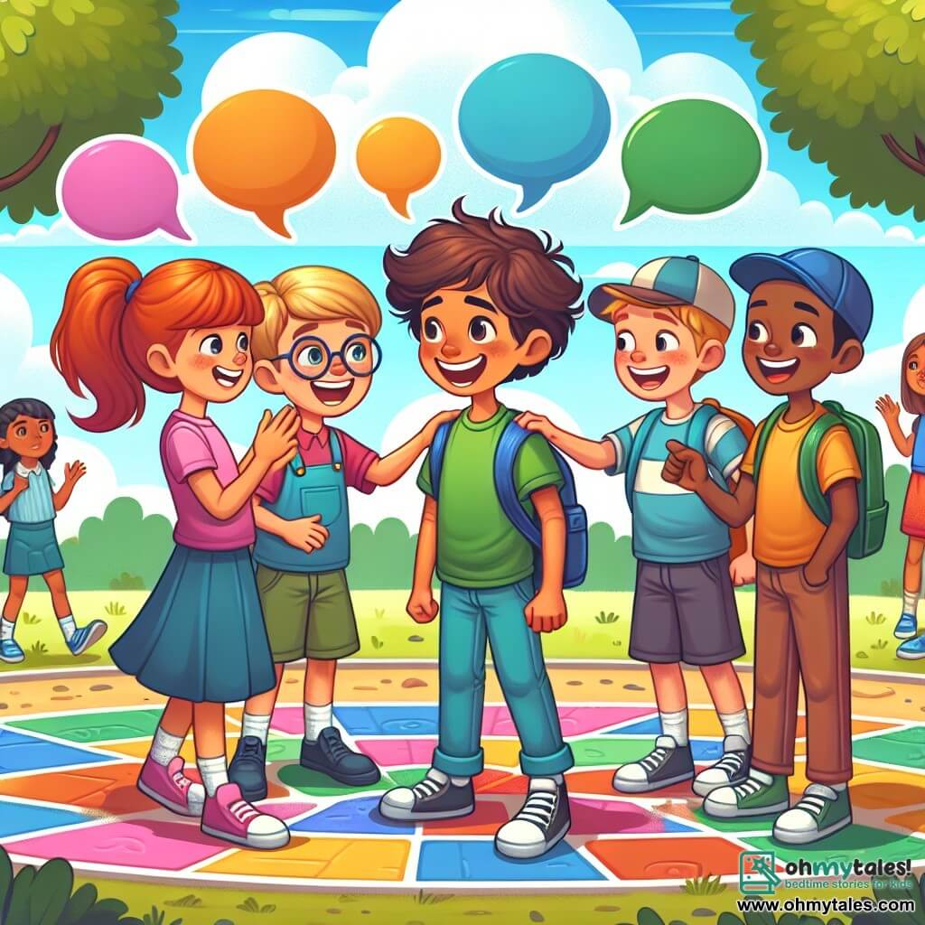 An illustration depicting a lively scene of recess at a primary school. The ground is covered with colorful tiles, and lush trees surround the playground where children are playing and laughing joyfully. In the center, a group of four children gathers around a ten-year-old boy with curly hair and a warm smile, who reaches out to a new student, a shy boy his age wearing glasses and a backpack, looking hesitant yet curious. Next to them, a girl with red hair and glasses, full of energy, smiles and encourages the new student to join them, while another girl with brown hair in a ponytail looks on kindly. In the background, two boys, one with short hair and the other wearing a cap, stand apart with mocking expressions, symbolizing bullying. Colorful speech bubbles float around, expressing words of support and friendship.