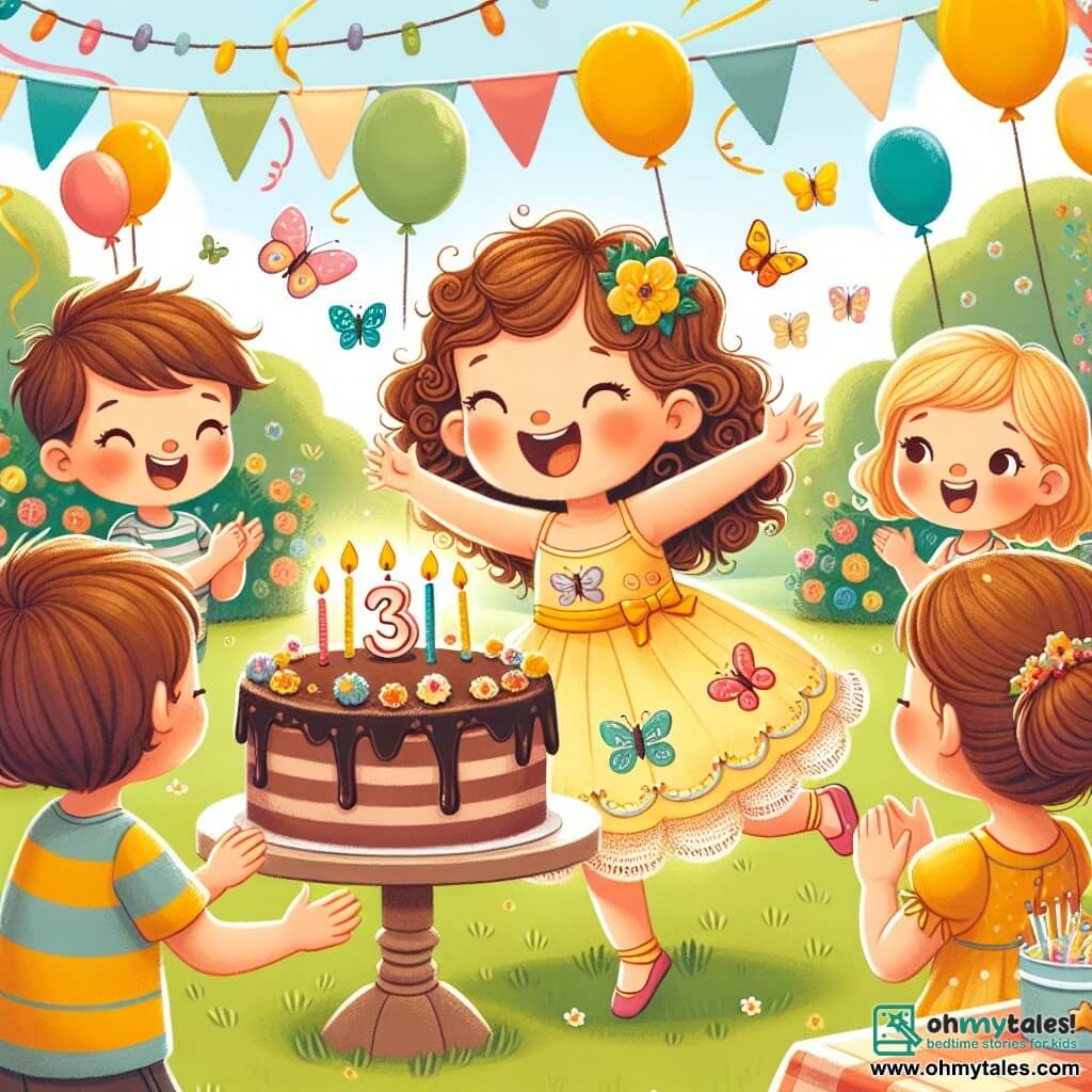 Une illustration sous forme de dessin destinée aux enfants représentant un jardin ensoleillé décoré de ballons colorés et de guirlandes, où une petite fille de 3 ans aux cheveux bouclés et aux yeux pétillants, portant une robe jaune ornée de papillons, danse joyeusement en tenant un gros gâteau au chocolat avec des bougies, tandis qu'un garçon de 4 ans aux cheveux bruns et portant un t-shirt rayé applaudit avec enthousiasme, et une femme souriante aux cheveux châtains, habillée d'une blouse colorée, les observe avec tendresse, le tout capturant l'esprit d'une fête d'anniversaire pleine de rires et de bonheur.
