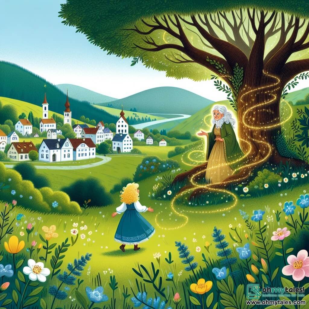 Une illustration destinée aux enfants représentant une fille aux boucles dorées, confrontée à la perte de sa grand-mère, rencontrant une mystérieuse femme âgée dans une clairière enchantée, entourée de fleurs sauvages et d'un majestueux chêne, dans une petite ville bordée de collines verdoyantes et de prairies luxuriantes.