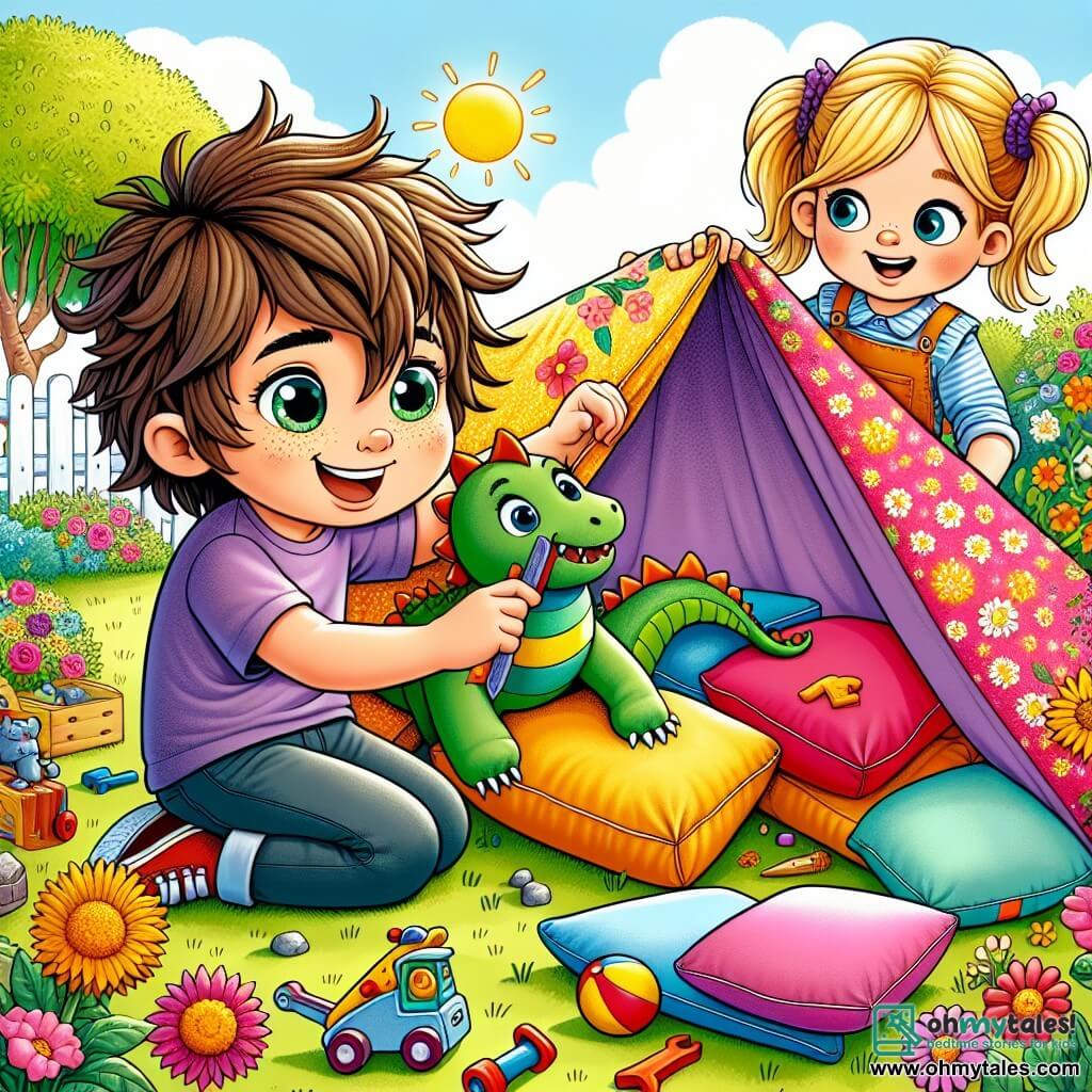 Une illustration sous forme de dessin destinée aux enfants représentant un jardin ensoleillé rempli de fleurs colorées, où un garçon de 7 ans avec des cheveux bruns en bataille et des yeux pétillants construit un fort en coussins multicolores, tandis qu'une fille aux pigtails blonds et aux yeux curieux l'observe avec un sourire, illustrant le moment où le garçon réalise qu'il doit être honnête après avoir raconté des histoires de dragons, avec des jouets éparpillés autour d'eux et une ambiance joyeuse et imaginative.