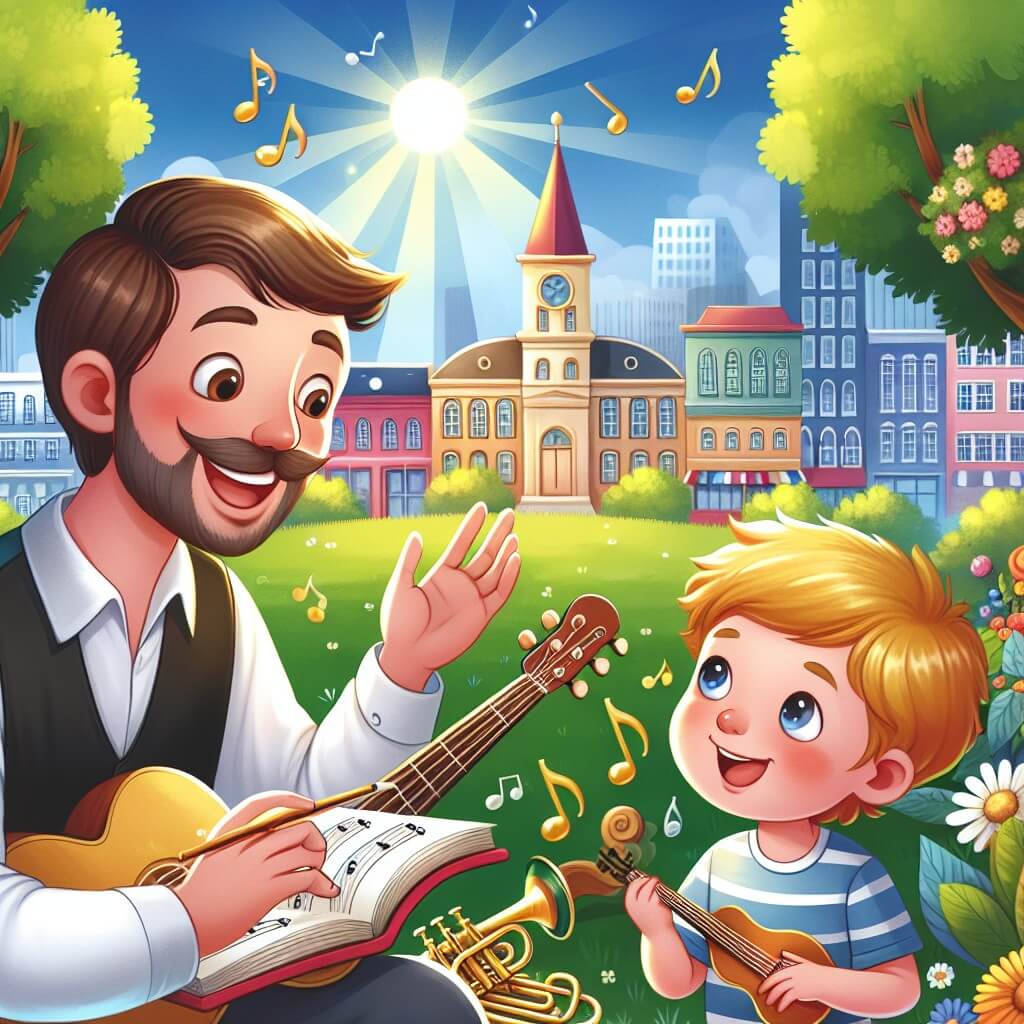 Une illustration destinée aux enfants représentant un homme au sourire radieux, entouré d'instruments de musique, faisant découvrir la magie des mélodies à un jeune garçon curieux, dans un parc ensoleillé de la ville animée d'Harmonyville, où les arbres dansent au rythme des notes enchantées.