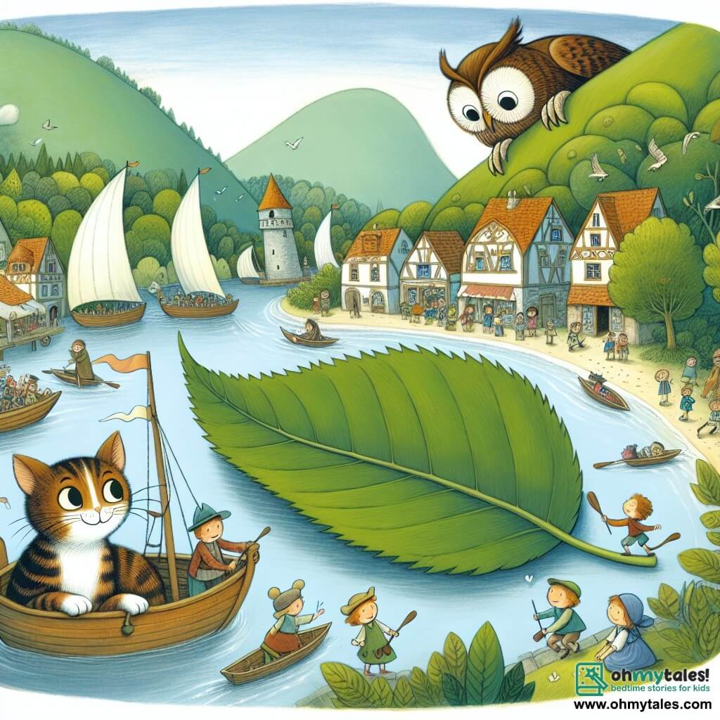 Une illustration destinée aux enfants représentant un chat malicieux et curieux, naviguant sur une minuscule feuille transformée en bateau, dans un village pittoresque niché entre des collines verdoyantes où se prépare une grande course de voiliers, avec des enfants joyeux et un vieux hibou sage qui organise l'événement.