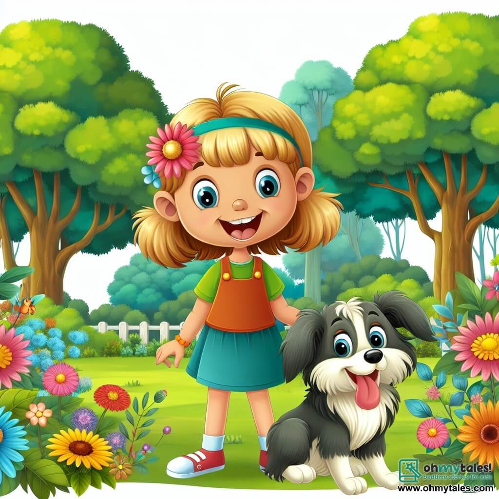 Une illustration destinée aux enfants représentant une petite fille pleine de vie et de malice, accompagnée de son fidèle compagnon, un chien espiègle, dans un parc verdoyant rempli de fleurs colorées et d'arbres majestueux.