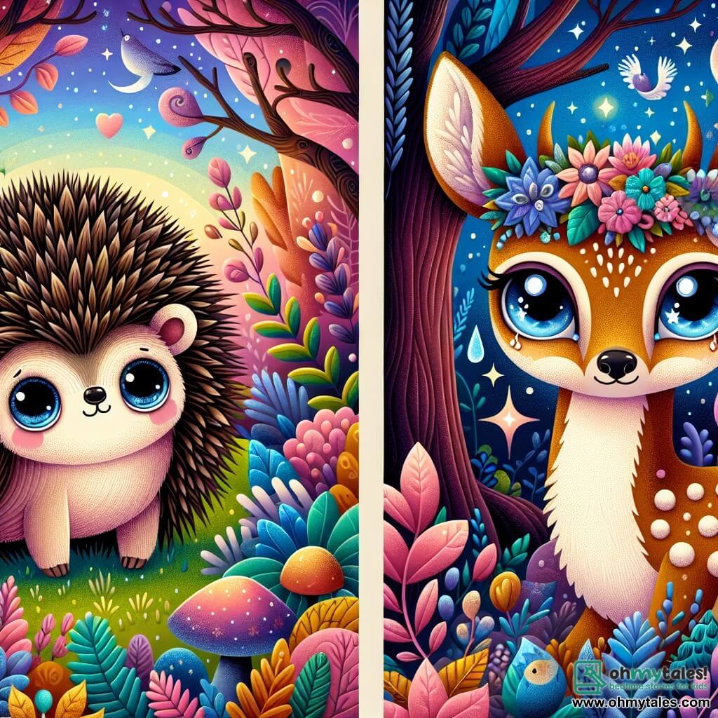 Une illustration destinée aux enfants représentant un hérisson curieux et bienveillant, une fawn perdu aux grands yeux larmoyants, dans une forêt magique remplie de couleurs vives et de créatures enchantées.