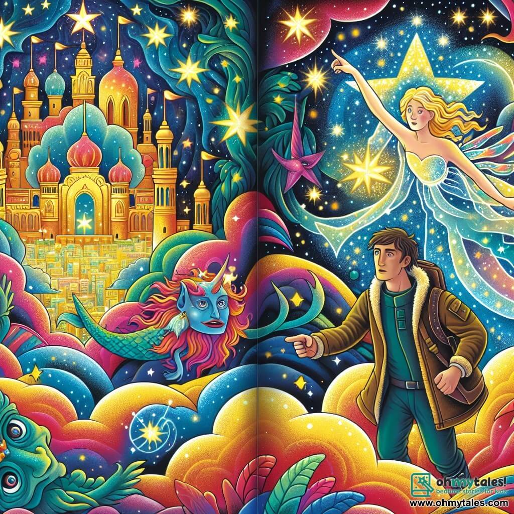 Une illustration destinée aux enfants représentant un homme solitaire naviguant à travers une nébuleuse enchantée aux couleurs chatoyantes, accompagné d'une sorcière des étoiles aux yeux scintillants, dans une cité flottante baignée d'une lueur dorée, habitée par des créatures aux ailes irisées et aux écailles scintillantes.