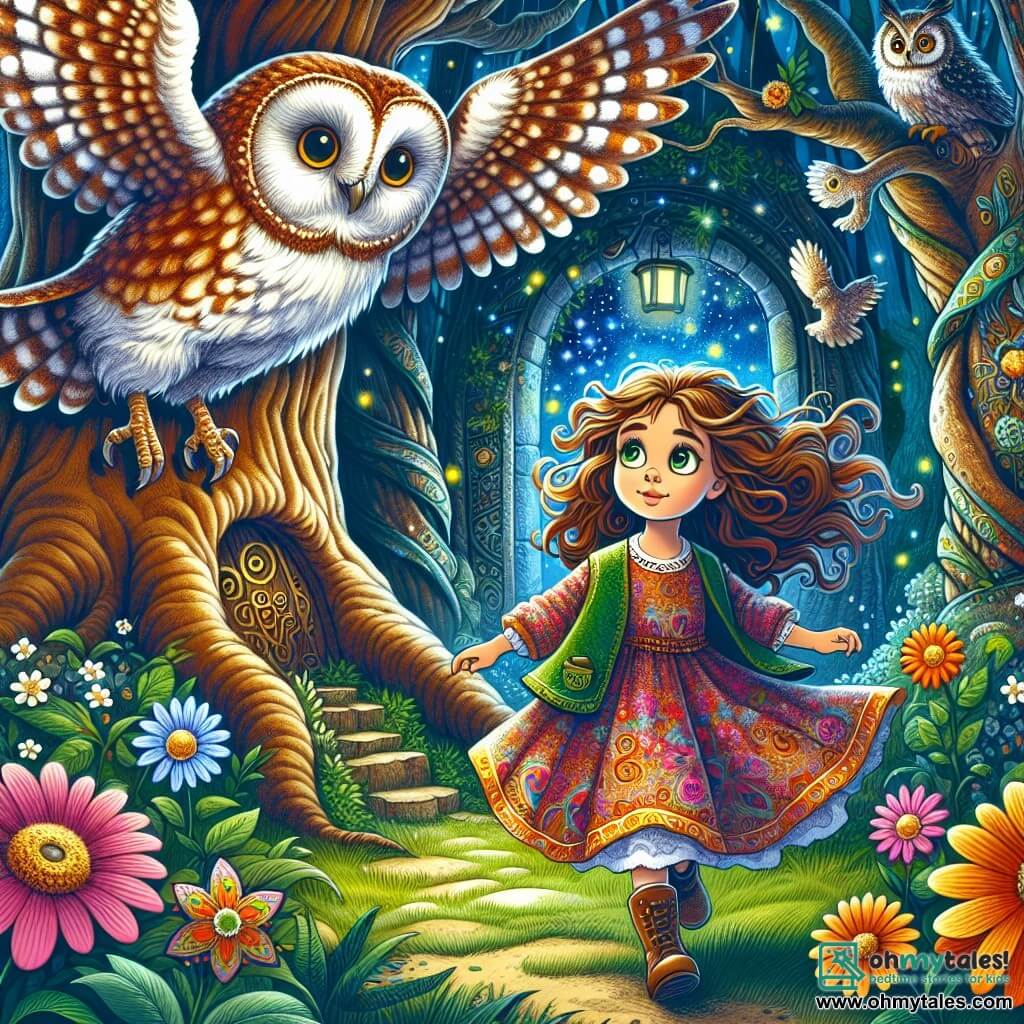 Une illustration sous forme de dessin destinée aux enfants représentant une clairière enchantée au cœur d'une forêt magique, où une fille de 11 ans aux cheveux châtain ondulés et aux yeux noisette, vêtue d'une robe colorée, se tient courageusement devant un immense arbre ancien avec une porte mystérieuse, tandis qu'un grand hibou sage aux plumes scintillantes l'observe depuis une branche, et des fleurs vibrantes dansent autour d'eux, symbolisant l'appel à l'aventure et la quête d'un précieux trésor.