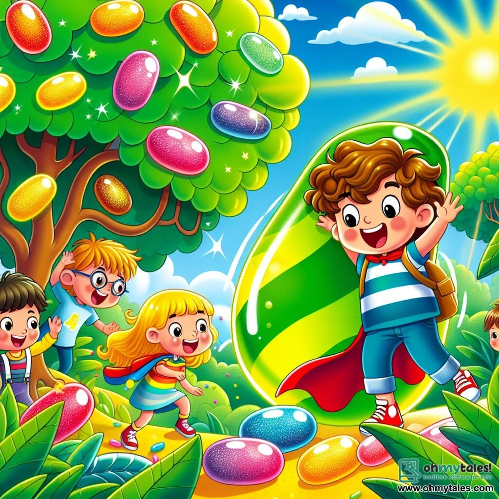 Une illustration sous forme de dessin destinée aux enfants représentant un jungle colorée remplie de jellybeans brillants, où un garçon de 5 ans avec des cheveux bouclés et un t-shirt rayé s'amuse à chercher ses amis en jouant à cache-cache, tandis qu'une fille de 5 ans aux cheveux longs et blonds danse joyeusement près d'un arbre en forme de jellybean, et un autre garçon de 5 ans portant une cape de super-héros rit en découvrant son ami caché derrière un gros jellybean vert, le tout sous un ciel bleu éclatant et ensoleillé, créant une atmosphère de joie et d'amitié.