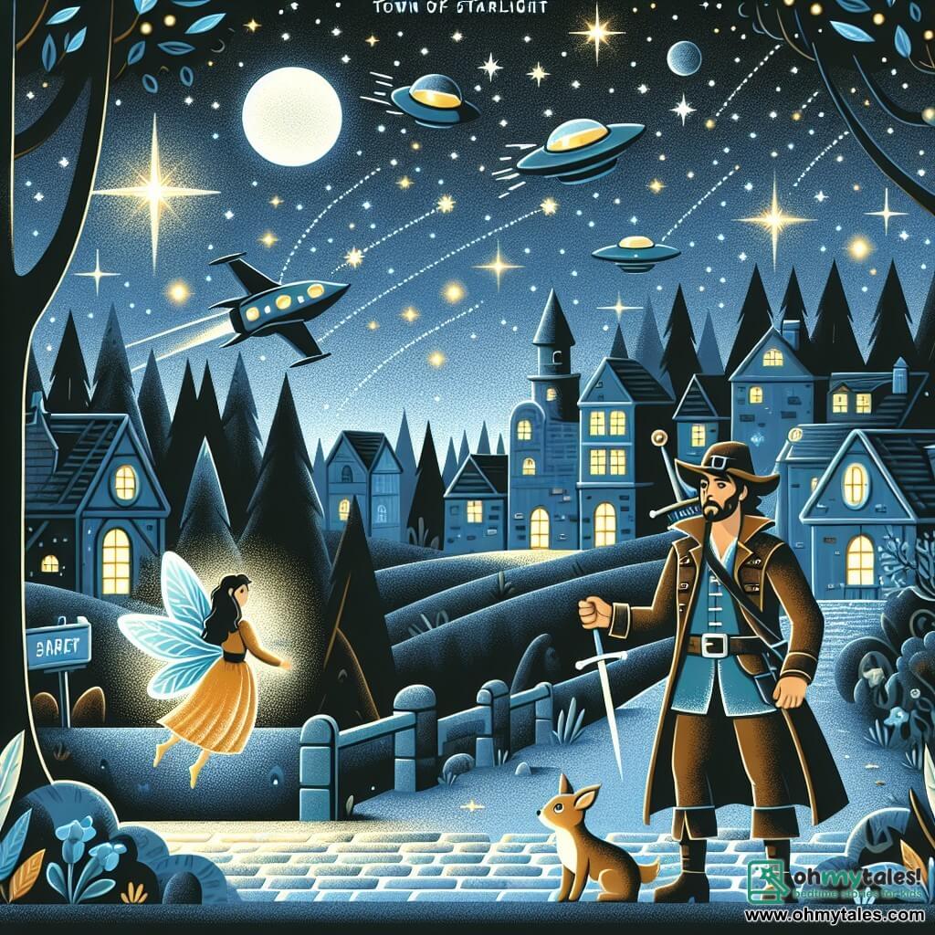 Une illustration destinée aux enfants représentant un homme courageux se tenant au bord d'une forêt sombre et mystérieuse, accompagné d'une fée lumineuse, dans la ville de Starlight où des vaisseaux spatiaux brillants sillonnent le ciel étoilé et des créatures extraterrestres parcourent les rues.