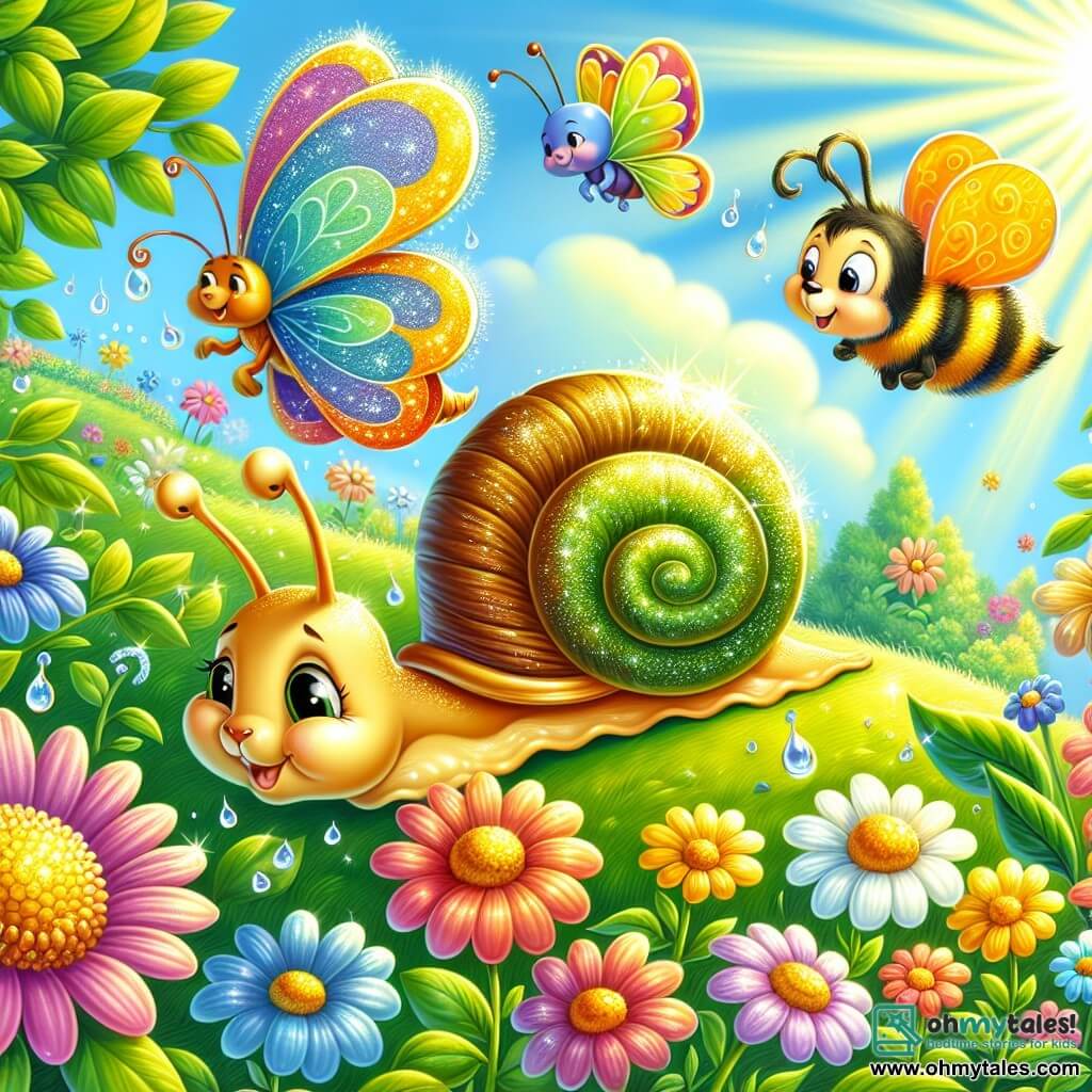 Illustration destinée aux enfants représentant un magnifique pré ensoleillé, rempli de fleurs colorées aux pétales éclatants et de gouttes de rosée scintillantes sur l'herbe verte. Au premier plan, un petit escargot avec une coquille spiralée aux teintes chatoyantes de vert et de jaune, se déplaçant rapidement avec un air déterminé, laissant derrière lui une traînée brillante. À ses côtés, une jolie papillon aux ailes multicolores et un bumblebee dodu, qui volent autour de lui, l'encourageant avec enthousiasme. La scène capture le moment où l'escargot aide une petite lapine aux grandes oreilles, coincée dans un buisson épineux, illustrant l'esprit d'entraide et d'amitié dans ce monde animal joyeux. Des rayons de soleil filtrent à travers les feuilles des arbres, ajoutant une touche de magie à cette aventure pleine de vie.