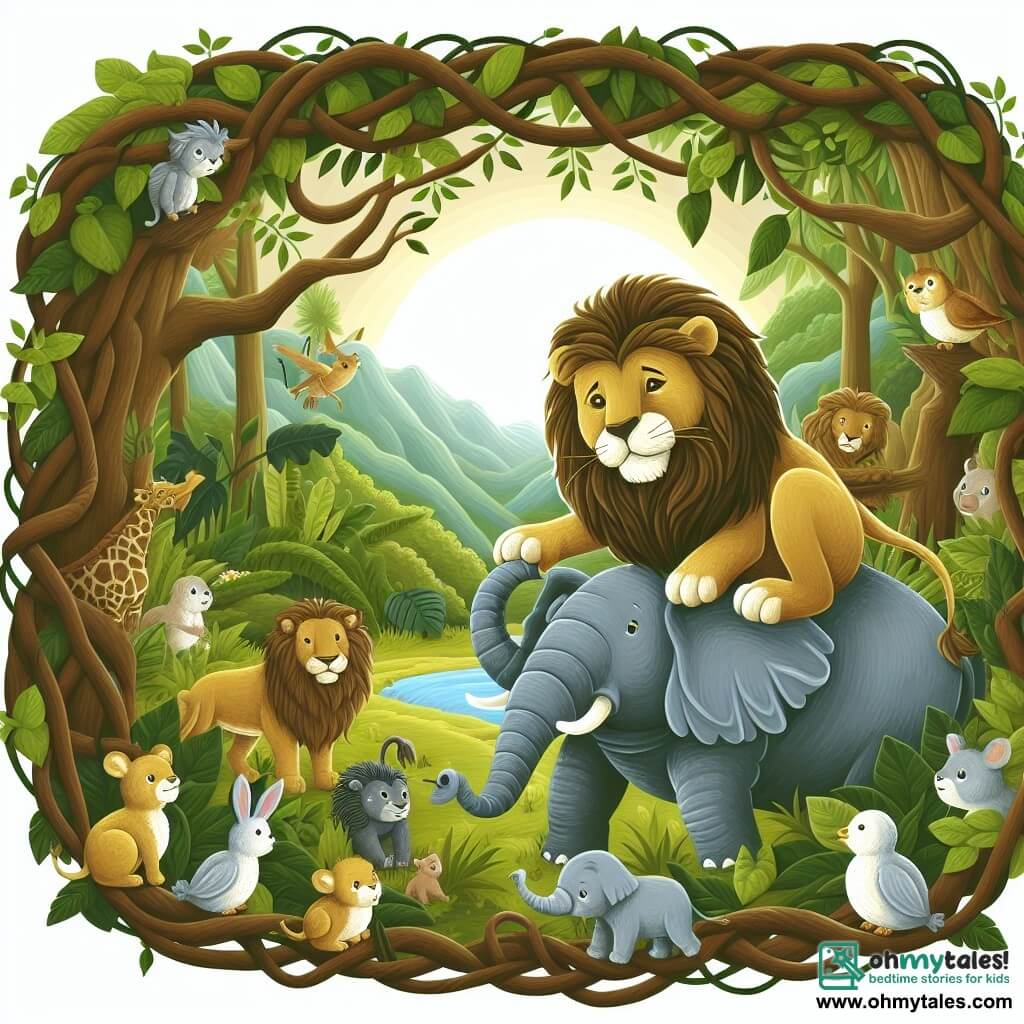 Une illustration destinée aux enfants représentant un majestueux lion au pelage doré, se trouvant au cœur d'une jungle luxuriante, entouré d'animaux curieux, tandis qu'il vient en aide à un éléphant piégé par une liane.