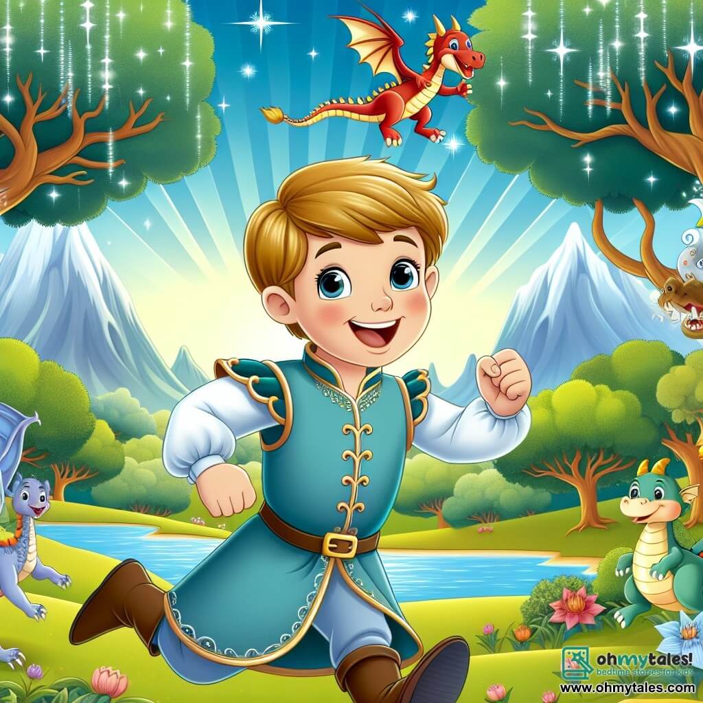 Une illustration destinée aux enfants représentant un prince au sourire éclatant, en train de poursuivre un dragon facétieux à travers une forêt enchantée remplie de créatures magiques, avec un magnifique lac miroitant en arrière-plan.