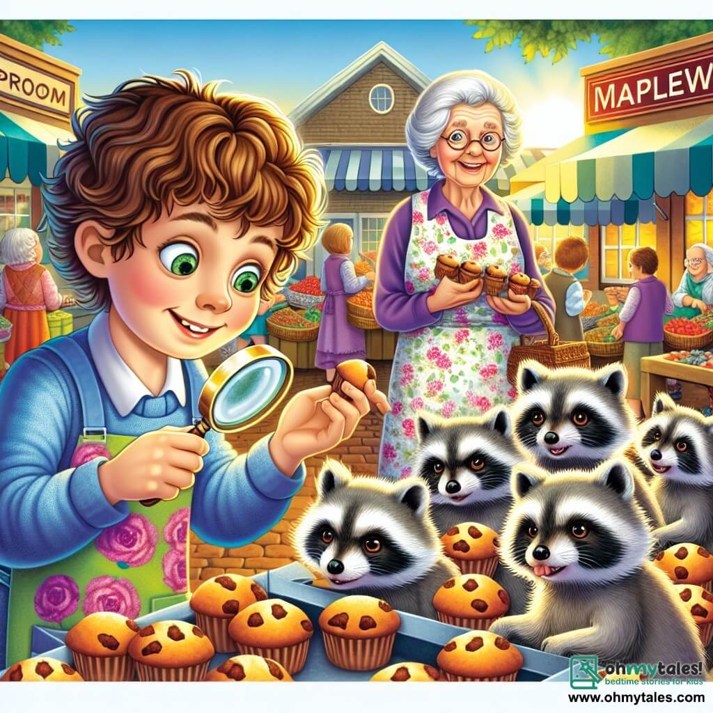 Une illustration sous forme de dessin destinée aux enfants représentant un marché coloré et animé à Maplewood, avec un garçon de 9 ans aux cheveux bruns bouclés et aux yeux verts pétillants, tenant une loupe et observant attentivement un groupe de petits ratons laveurs aux pelages gris et aux yeux malicieux, qui sont en train de ramasser des muffins éparpillés, tandis qu'une vieille dame souriante, vêtue d'un tablier fleuri, les regarde avec un mélange d'inquiétude et d'amusement, le tout baigné par la lumière dorée du soleil couchant.