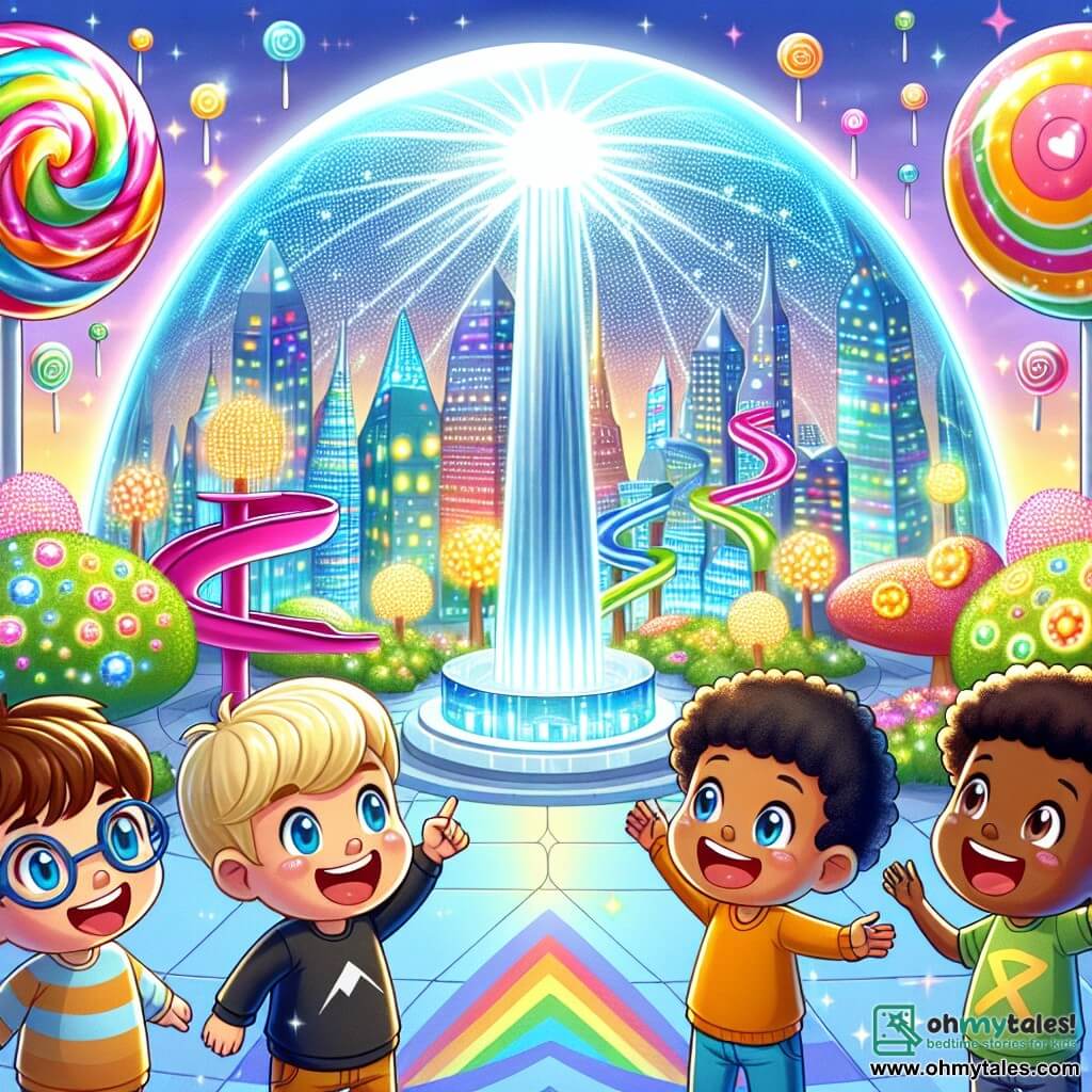 An illustration depicting a futuristic park in the sparkling city of Glimmer Heights. The park is filled with colorful structures, such as candy spiral slides and trees with shiny leaves that shimmer in the sun. At the center, a massive transparent dome shines like a diamond, surrounded by giant flowers in bright colors. 

In this scene, four seven-year-old boys stand together, their faces beaming with excitement. The first boy has curly hair and wears a red t-shirt, pointing at the dome in awe. The second boy, with glasses slipping down his nose, gazes at the dome with wide eyes and a big smile. The third boy, tall and slim, raises his arms in the air as if ready to leap into adventure. The last boy, a chubby little one, jumps for joy, his rosy cheeks and sparkling eyes full of enthusiasm. 

The main situation shows the boys discovering the magical dome, eager to test the Imagination Portal. Colorful holograms float around them, creating a joyful and dynamic atmosphere. Candy clouds and twinkling stars add a touch of magic to the illustration, capturing the spirit of adventure and creativity in the story.