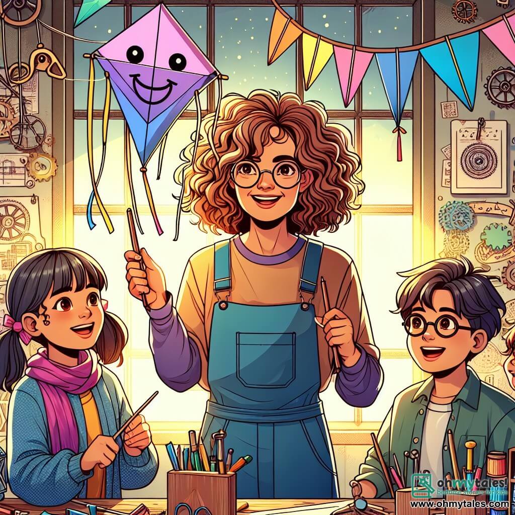 Une illustration sous forme de dessin destinée aux enfants représentant un atelier coloré rempli de gadgets et d'inventions, où une femme aux cheveux bouclés et ébouriffés, portant des salopettes bleues et des lunettes légèrement de travers, est en train de montrer avec enthousiasme un cerf-volant en forme de sourire à un groupe de quatre enfants, deux filles aux pigtails joyeux et un garçon aux lunettes rondes, tous émerveillés et tenant leurs propres créations de cerfs-volants, tandis qu'une lumière dorée filtre à travers la fenêtre, illuminant l'atmosphère d'une douce magie d'invention et de camaraderie.