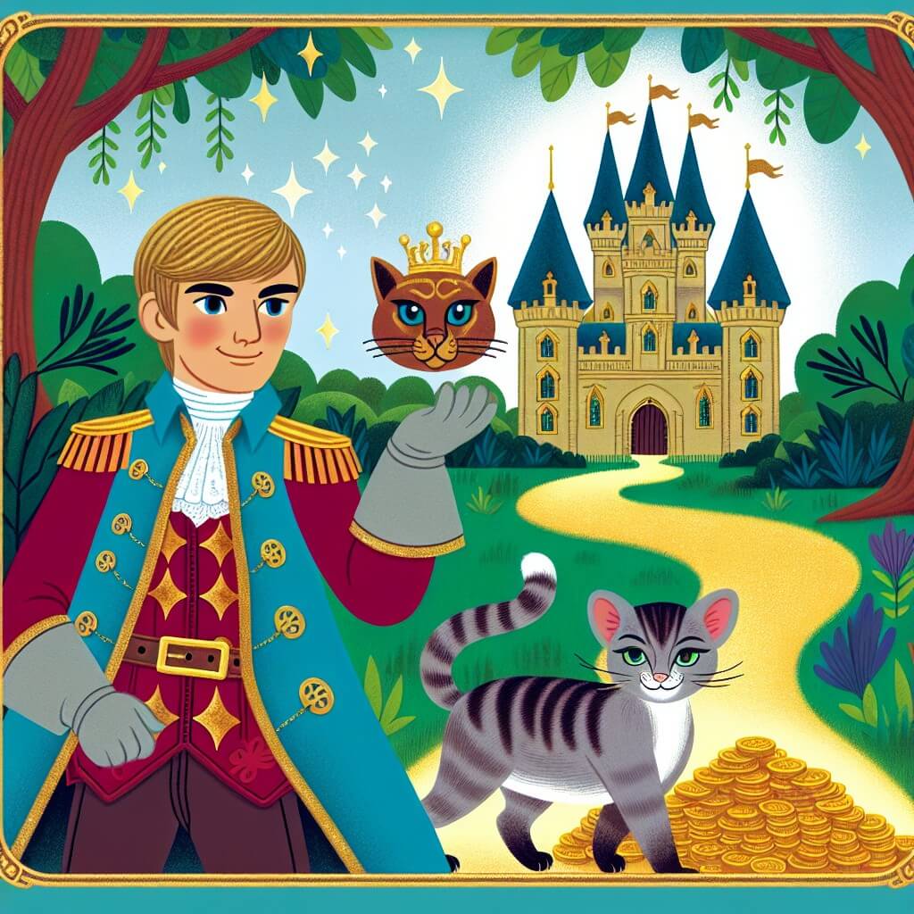 Une illustration destinée aux enfants représentant un félin malicieux aux bottes étincelantes, se trouvant dans une forêt enchantée, accompagné d'un jeune homme en quête de fortune, tandis que le château royal se dresse majestueusement en arrière-plan, évoquant un monde de contes de fées réinventés.
