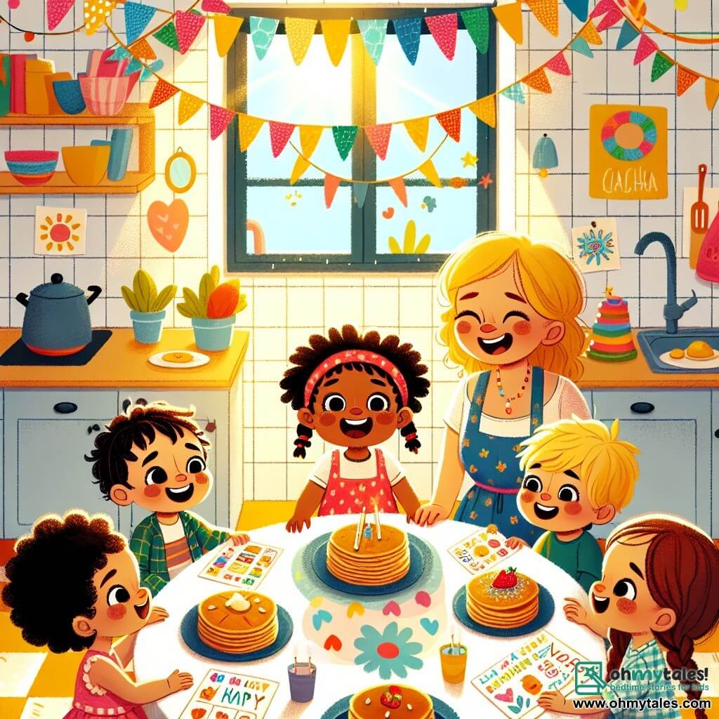 Une illustration sous forme de dessin destinée aux enfants représentant une cuisine ensoleillée, décorée de guirlandes colorées, où un groupe de quatre enfants de 3 ans, deux filles aux cheveux bouclés et souriants, une fille avec des tresses et un garçon aux cheveux courts, s'affairent joyeusement autour d'une table chargée de pancakes dorés et de cartes colorées, tandis qu'une maman aux yeux pétillants, surprise et ravie, les observe avec amour, le tout baigné dans une atmosphère festive et chaleureuse.