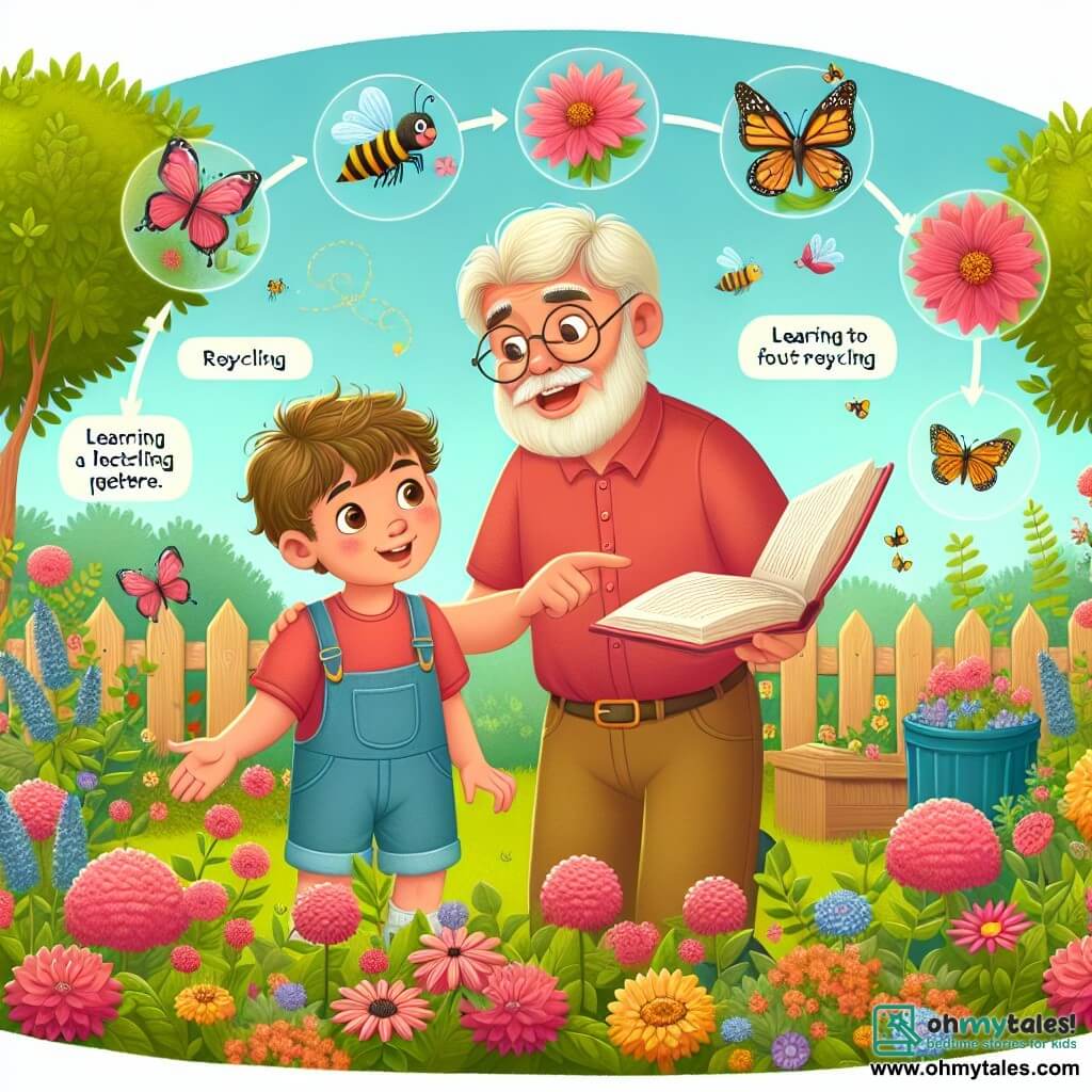 Une illustration destinée aux enfants représentant un jeune garçon curieux, accompagné de son grand-père bienveillant, explorant un magnifique jardin fleuri où les papillons et les abeilles virevoltent joyeusement, tandis qu'ils apprennent ensemble à recycler et à prendre soin de la nature.