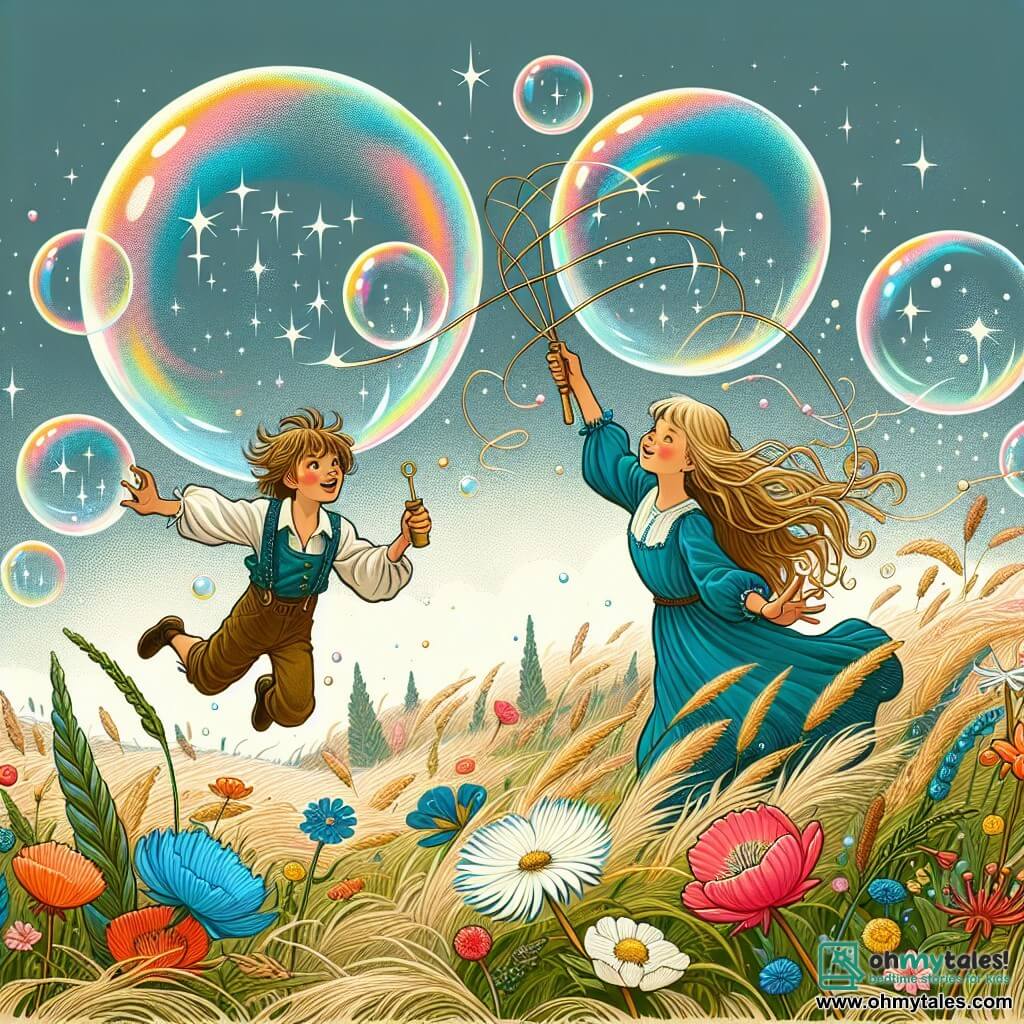 Une illustration destinée aux enfants représentant un garçon malicieux tentant de relever le défi impossible de faire voler des bulles de savon géantes, avec l'aide d'une fille courageuse, dans un vaste pré enchanté parsemé de fleurs colorées et de brins d'herbe ondulant doucement au vent.