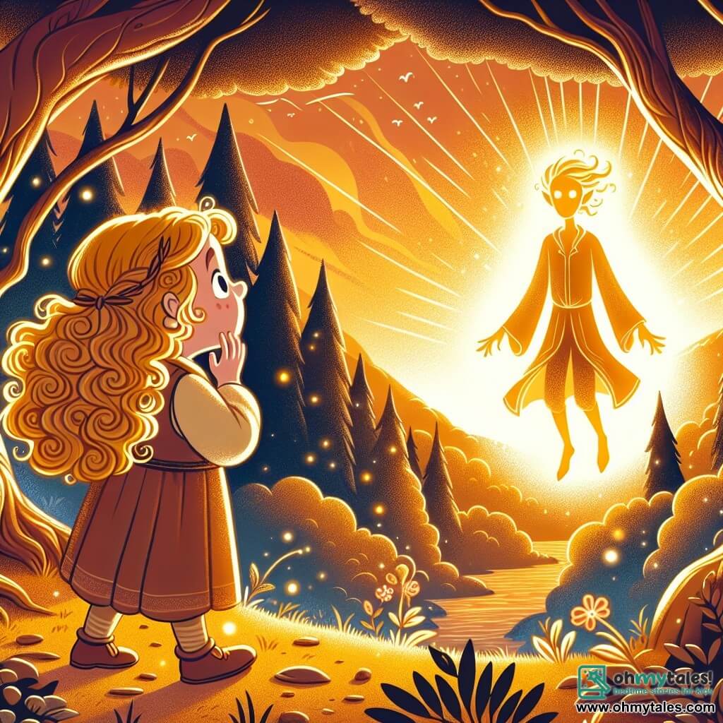 Une illustration destinée aux enfants représentant une fille aux boucles d'or émerveillée par la rencontre d'un être lumineux venu d'une planète lointaine, dans une forêt enchantée baignée par la lumière dorée du soleil couchant.
